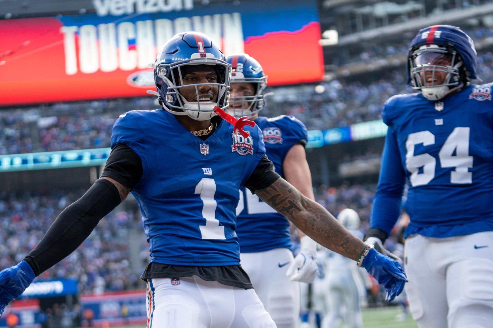 New York Giants wide receiver Malik Nabers (1) celebrates with his teammates after scoring a touchdown during a game between New York Giants and Indianapolis Colts at MetLife Stadium on Sunday, Dec. 29, 2024.