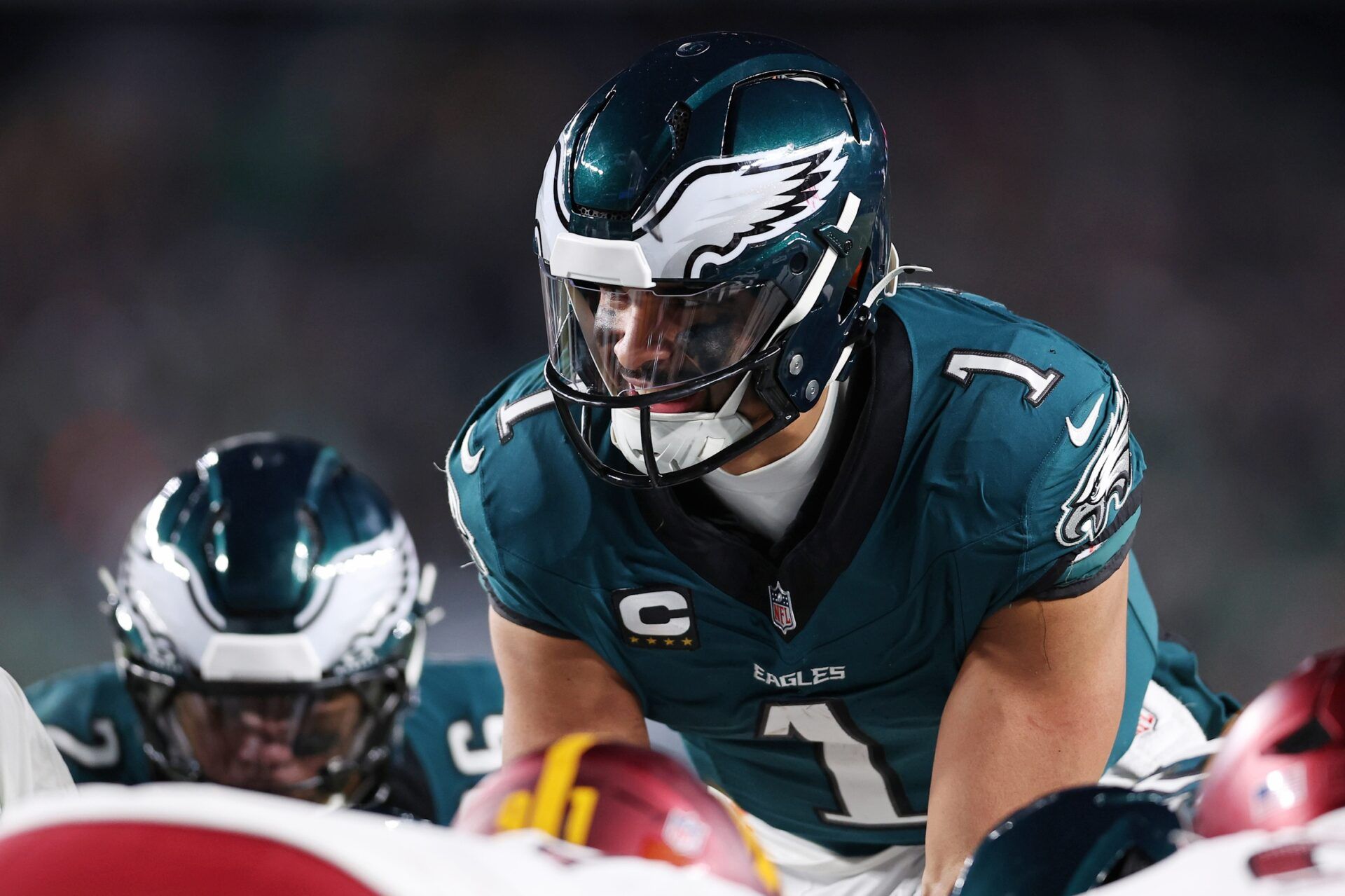 Philadelphia Eagles quarterback Jalen Hurts (1) prepares to snap against the Washington Commanders during the second half in the NFC Championship game at Lincoln Financial Field.