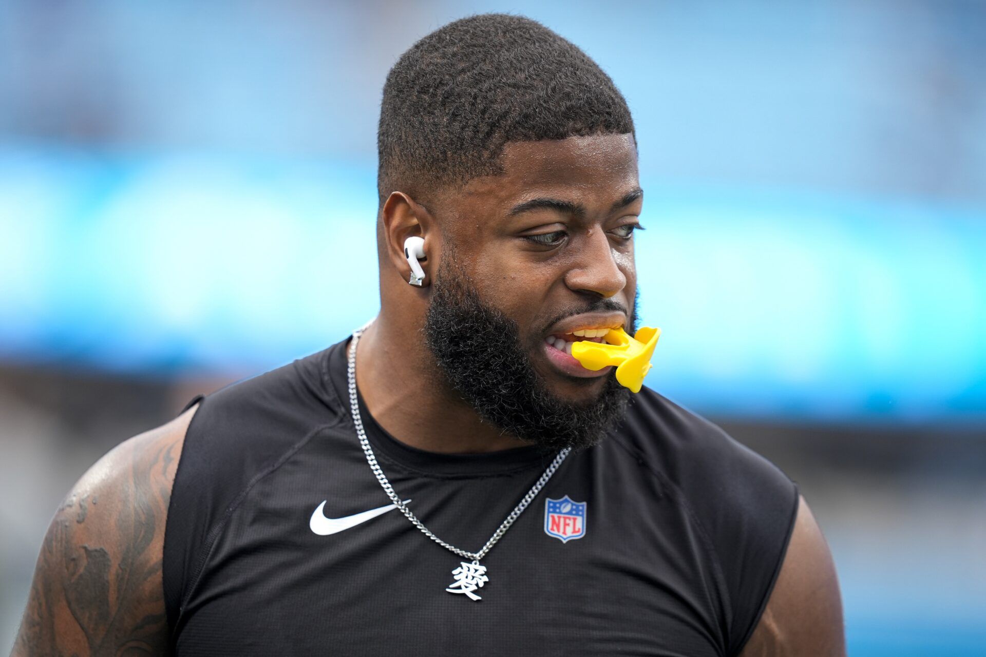Los Angeles Rams linebacker Jared Verse (8) during pregame warm ups before the NFC Wild Card Round game between the Carolina Panthers and the Los Angeles Rams at Bank of America Stadium.