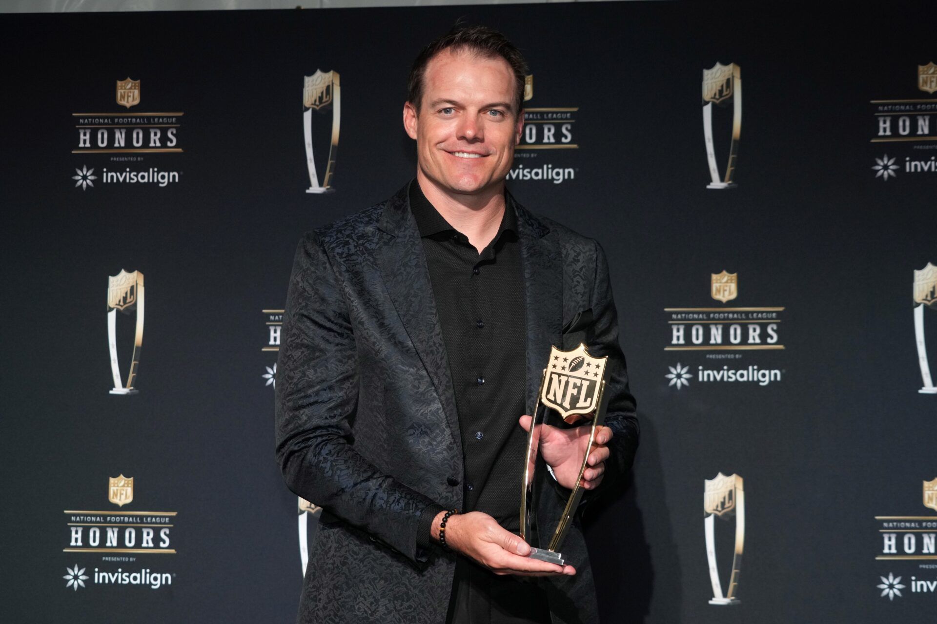 Minnesota Vikings coach Kevin O'Connell poses with the Coach of the Year award during Super Bowl LIX NFL Honors at Saenger Theatre.