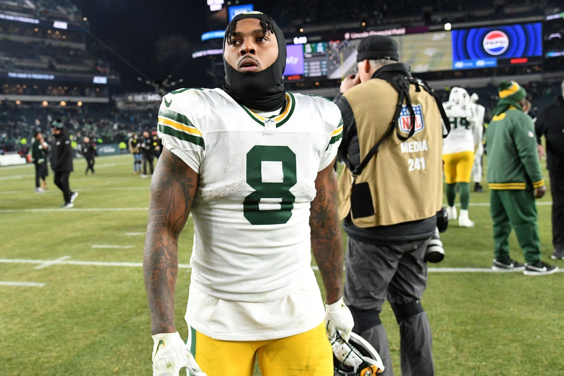 Green Bay Packers running back Josh Jacobs (8) reacts after the game against the Philadelphia Eagles in an NFC wild card game at Lincoln Financial Field.