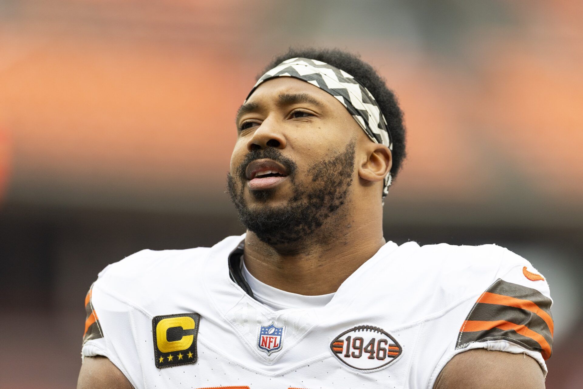 Cleveland Browns defensive end Myles Garrett (95) during warm ups before the game against the Kansas City Chiefs at Huntington Bank Field.