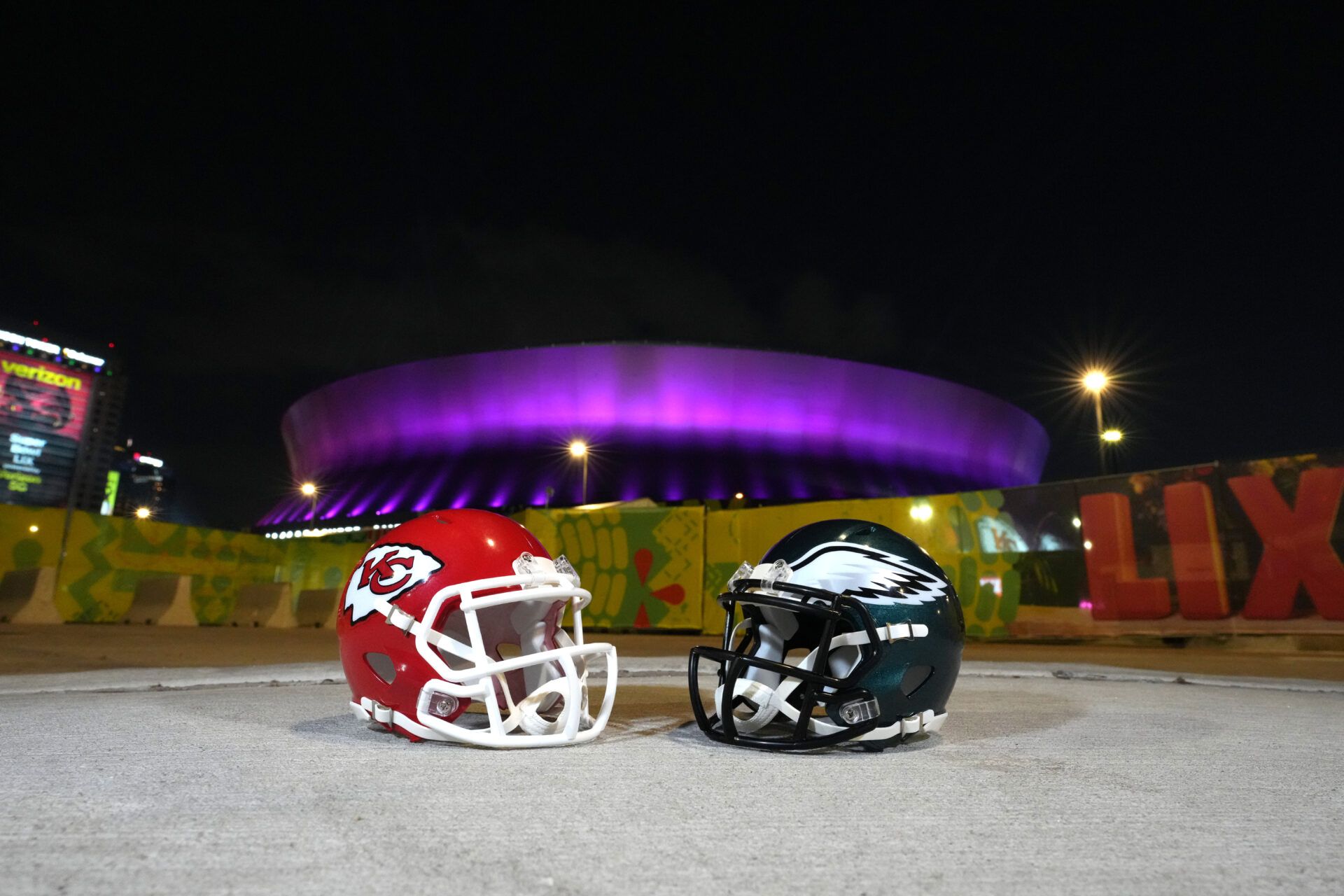 Feb 5, 2025; New Orleans, LA, USA; Kansas City Chiefs and Philadelphia Eagles helmets at the Caesars Superdome prior to Super Bowl LIX. Mandatory Credit: Kirby Lee-Imagn Images