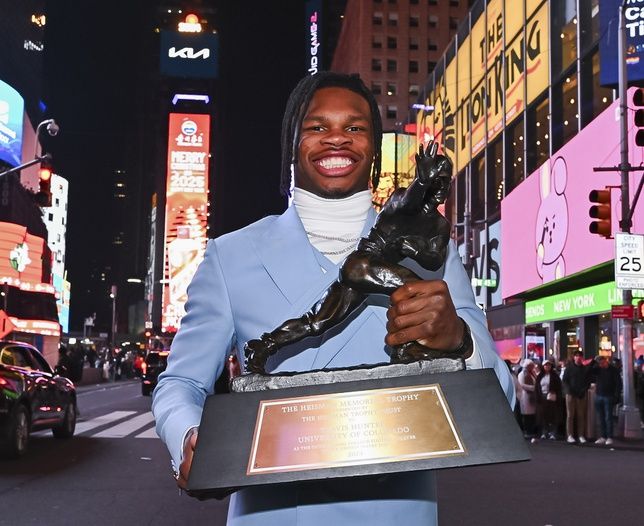 Colorado Buffaloes wide receiver/cornerback Travis Hunter after winning the 2024 Heisman Trophy.