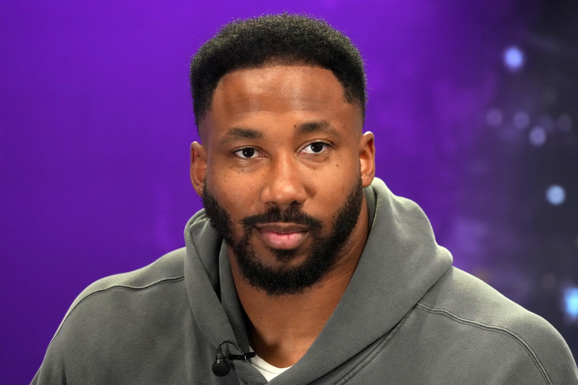 Cleveland Browns defensive end Myles Garrett on radio row at the Super Bowl LIX media center at the Ernest N. Morial Convention Center.