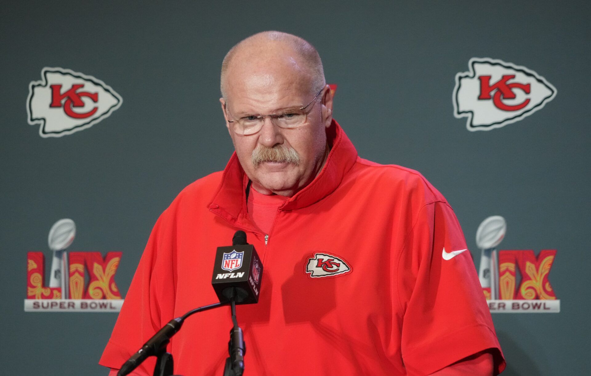 Kansas City Chiefs head coach Andy Reid at a press conference in advance of Super Bowl LIX at New Orleans Marriott.