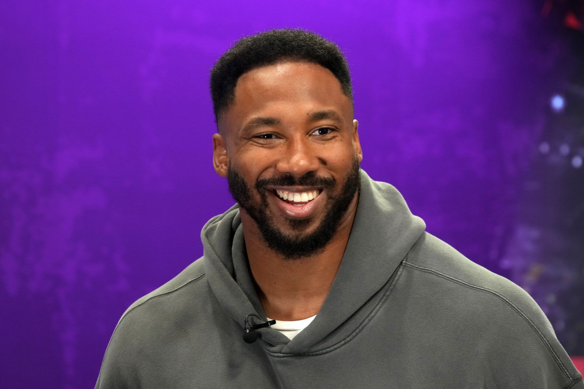 Cleveland Browns defensive end Myles Garrett on radio row at the Super Bowl LIX media center at the Ernest N. Morial Convention Center.