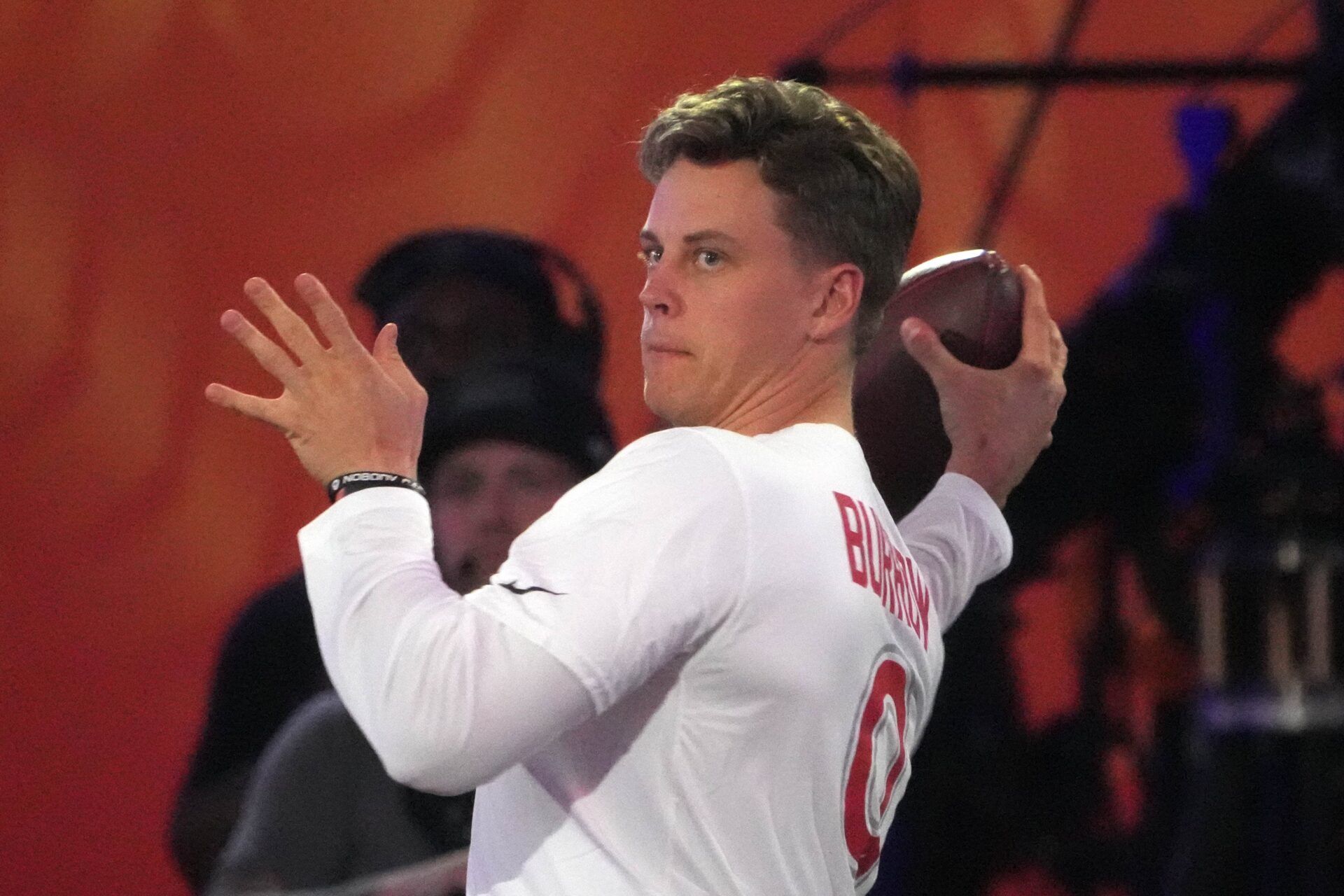 AFC quarterback Joe Burrow of the Cincinnati Bengals throws the ball during the Passing the Test event at the Pro Bowl Skills Challenge at Nicholson Fieldhouse.