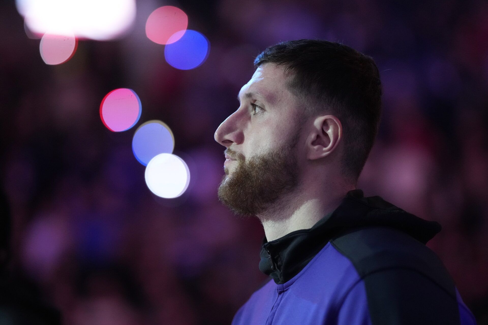 Phoenix Suns center Jusuf Nurkic (20) stands for the National Anthem before the game against the Portland Trail Blazers at Moda Center.