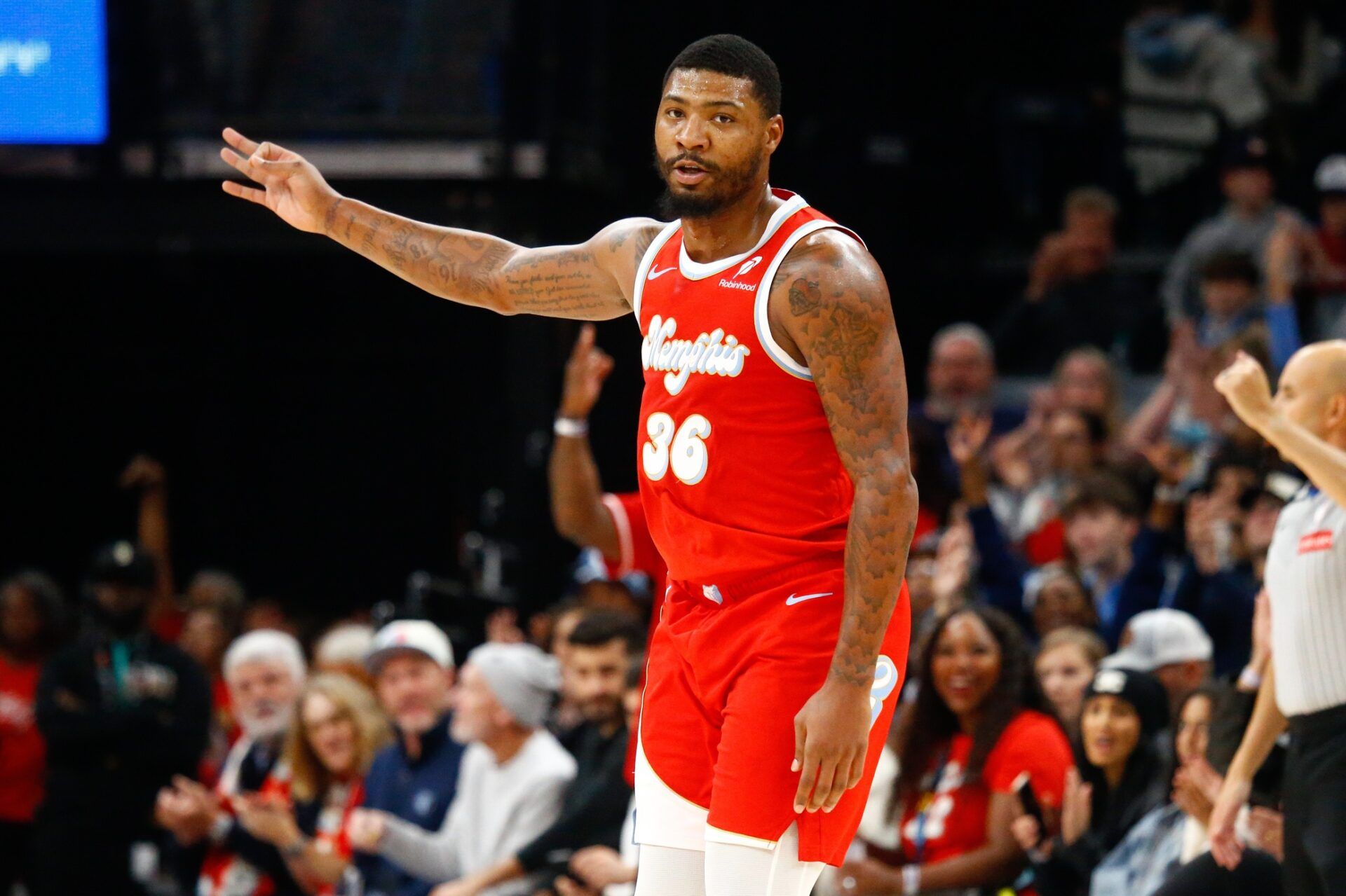 Memphis Grizzlies guard Marcus Smart (36) reacts after a three point basket during the second quarter at FedExForum.