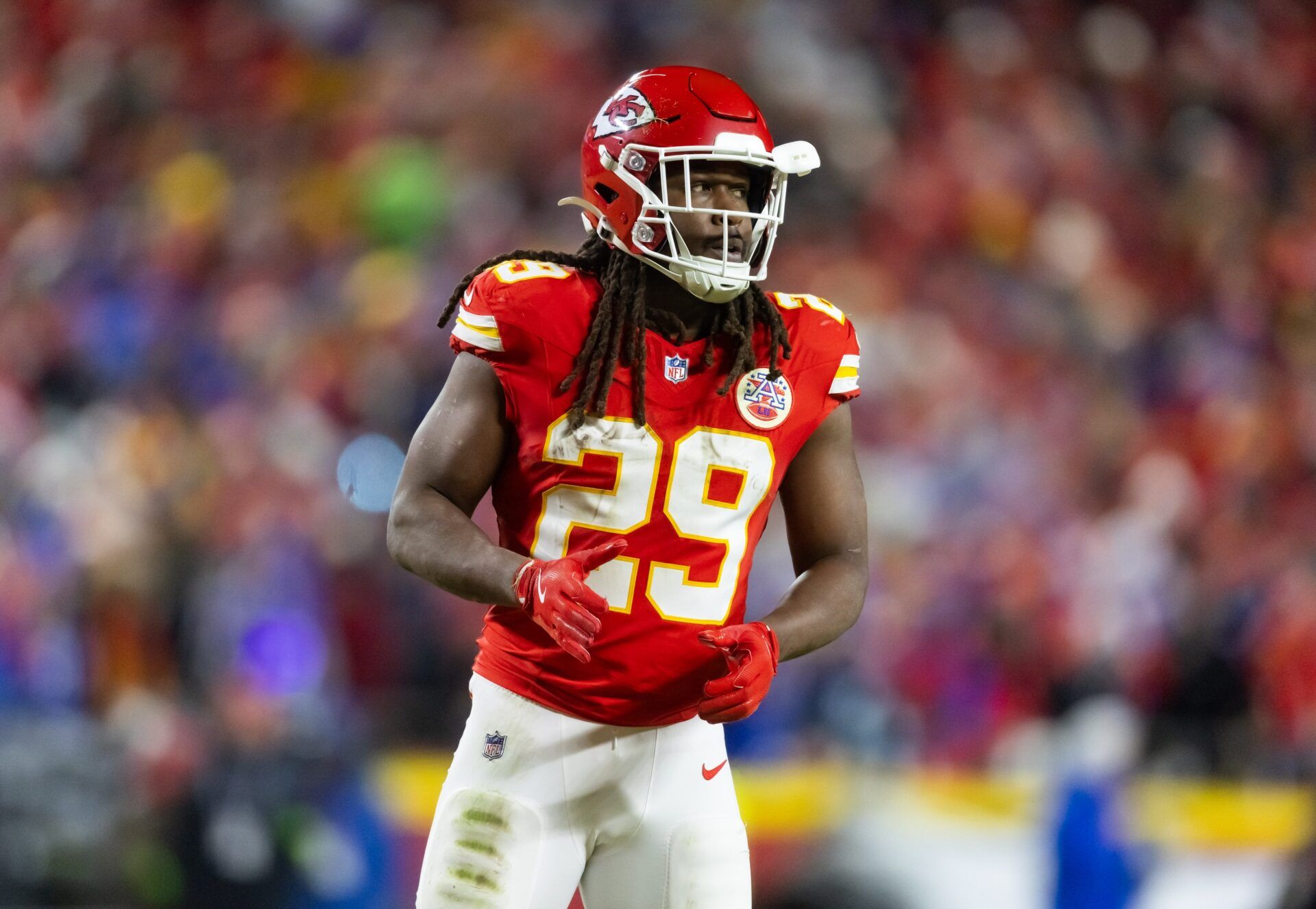 Kansas City Chiefs running back Kareem Hunt (29) against the Buffalo Bills in the AFC Championship game at GEHA Field at Arrowhead Stadium.