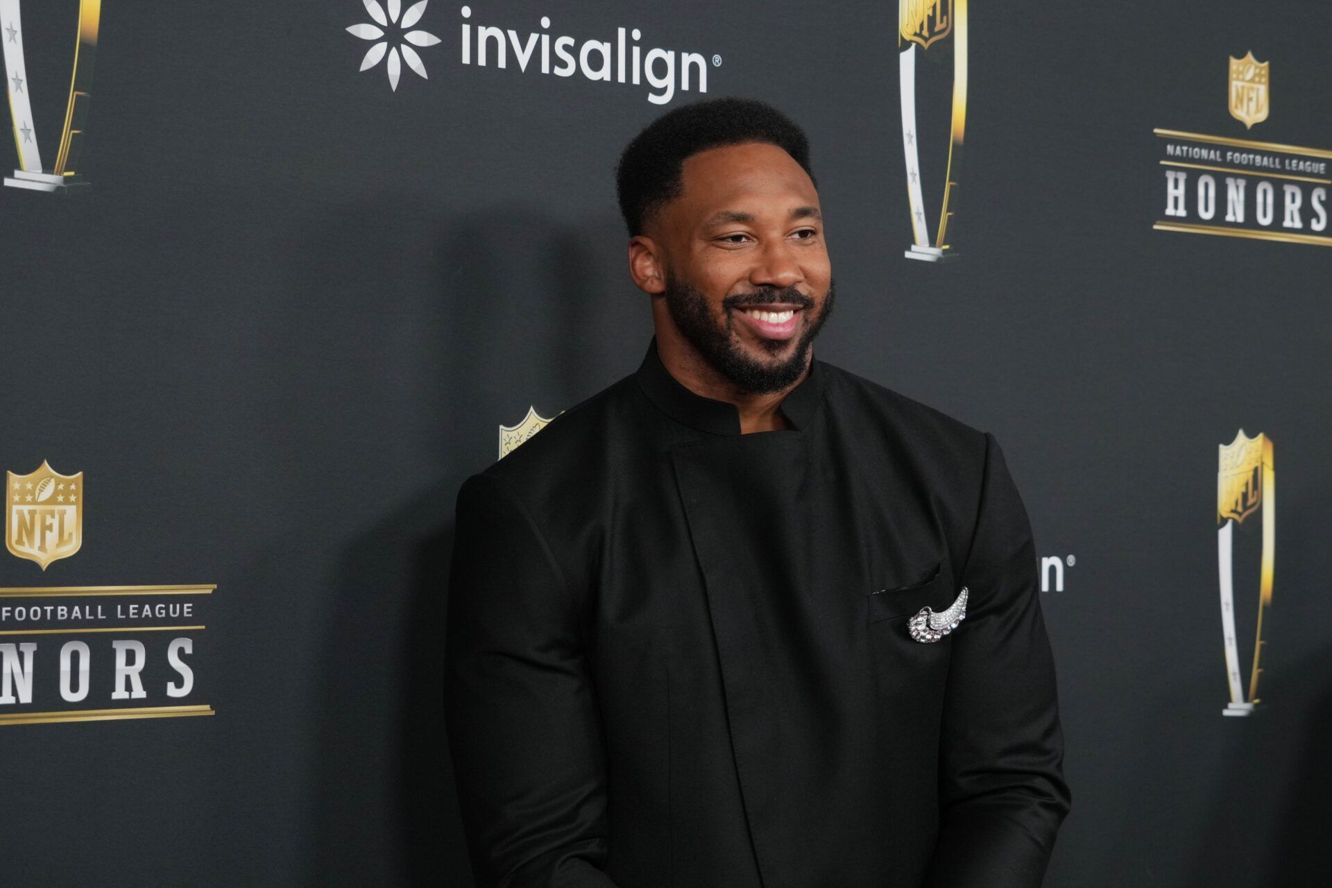 Myles Garrett on the red carpet before Super Bowl LIX NFL Honors at Saenger Theatre.