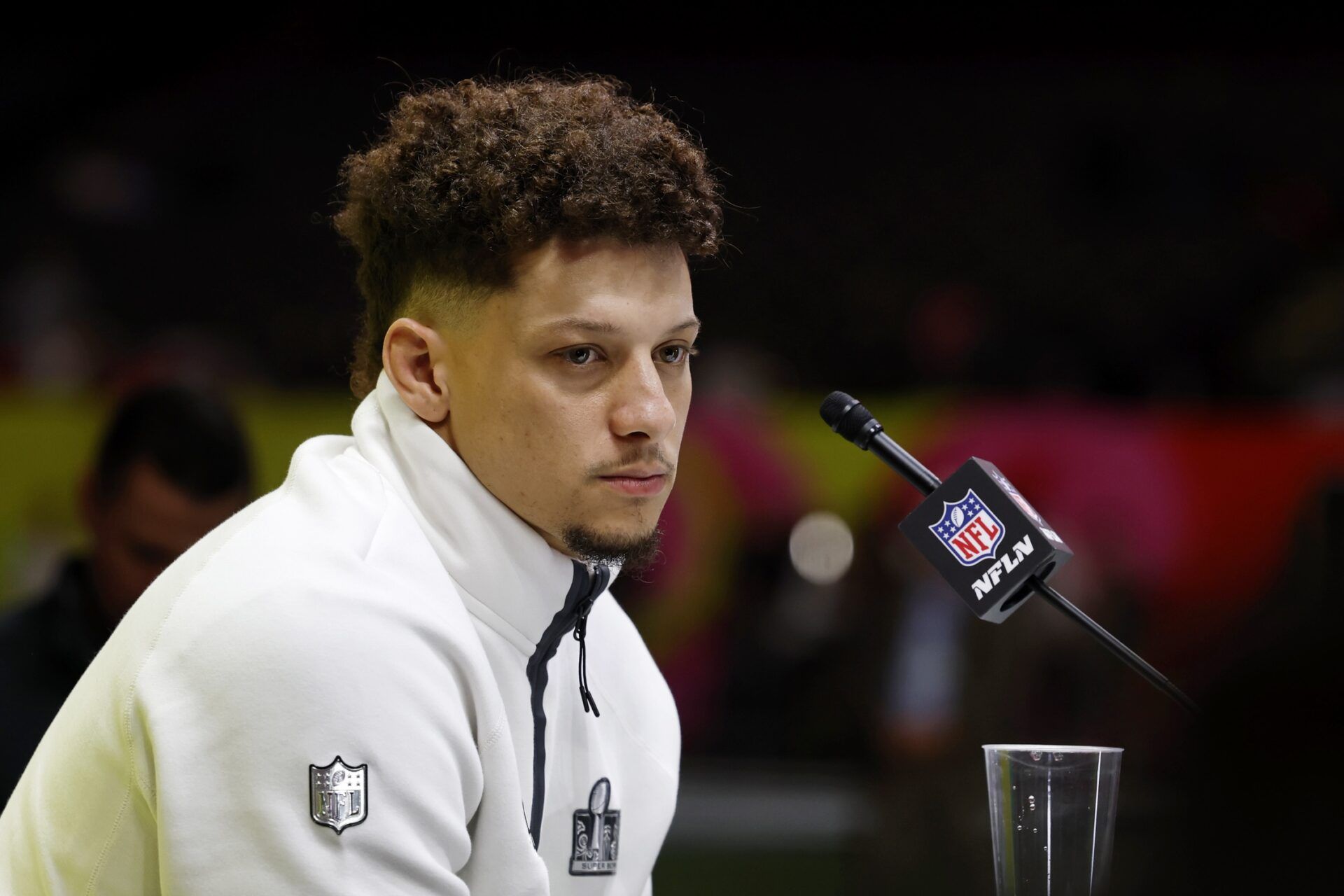 Kansas City Chiefs quarterback Patrick Mahomes (15) talks to the media during Super Bowl LIX Opening Night at Caesars Superdome.