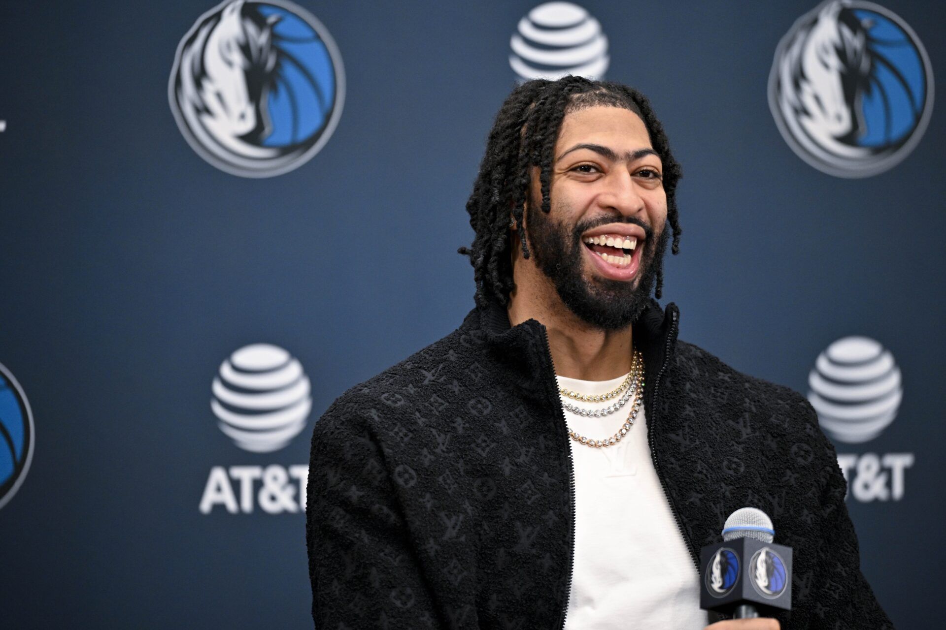 Dallas Mavericks forward Anthony Davis speaks to the media during a press conference at the Dallas Mavericks practice facility.