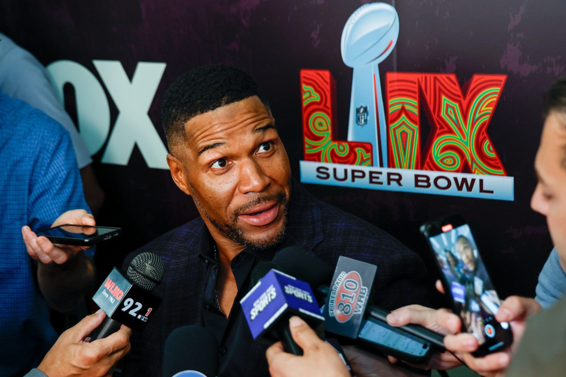 Fox Sports NFL Sunday pregame analyst Michael Strahan during a Fox Sports media party in advance of Super Bowl LIX at Convention Center.