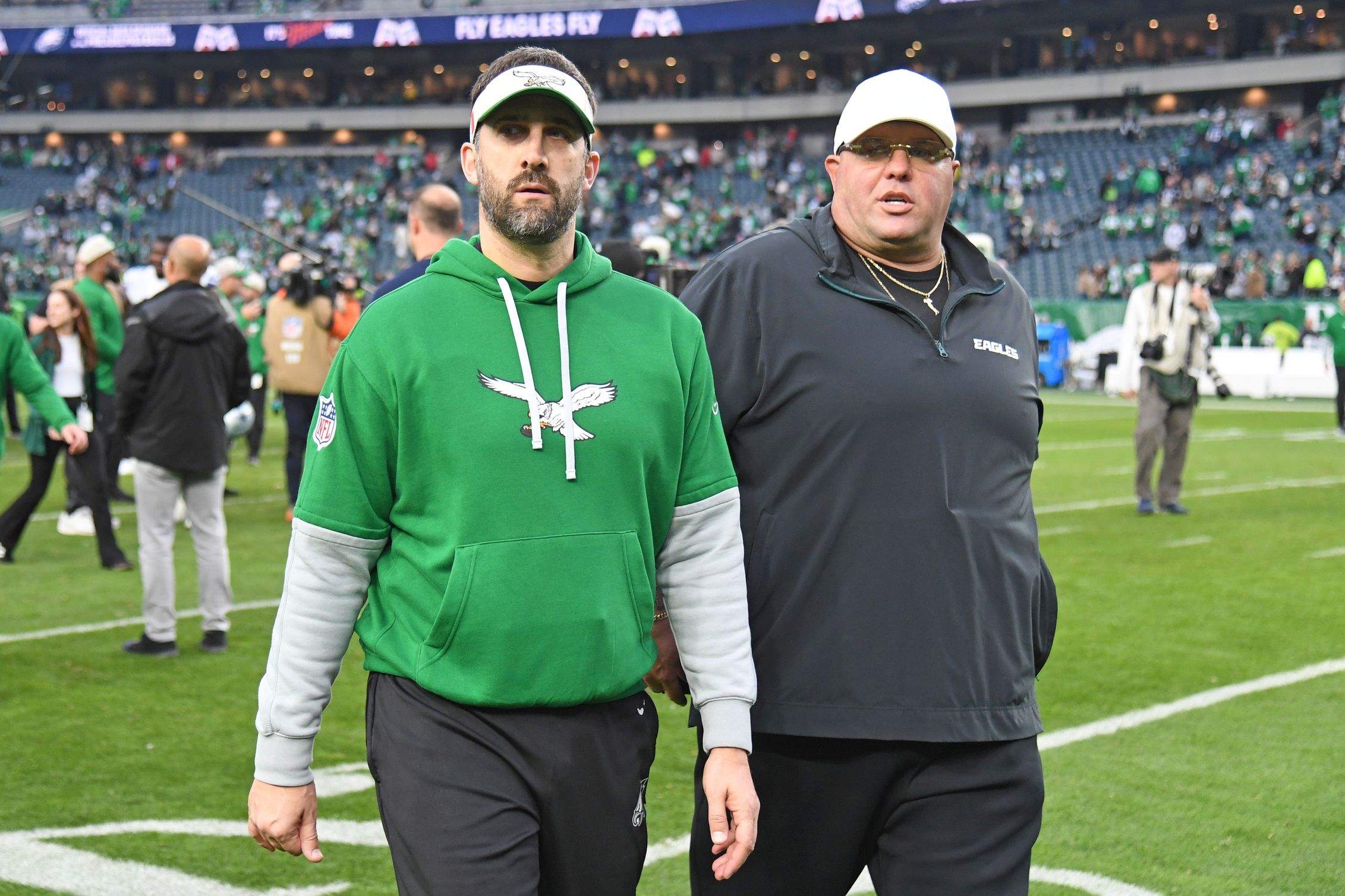 Philadelphia Eagles head coach Nick Sirianni and chief security officer Dom DiSandro after win against the Dallas Cowboys at Lincoln Financial Field.