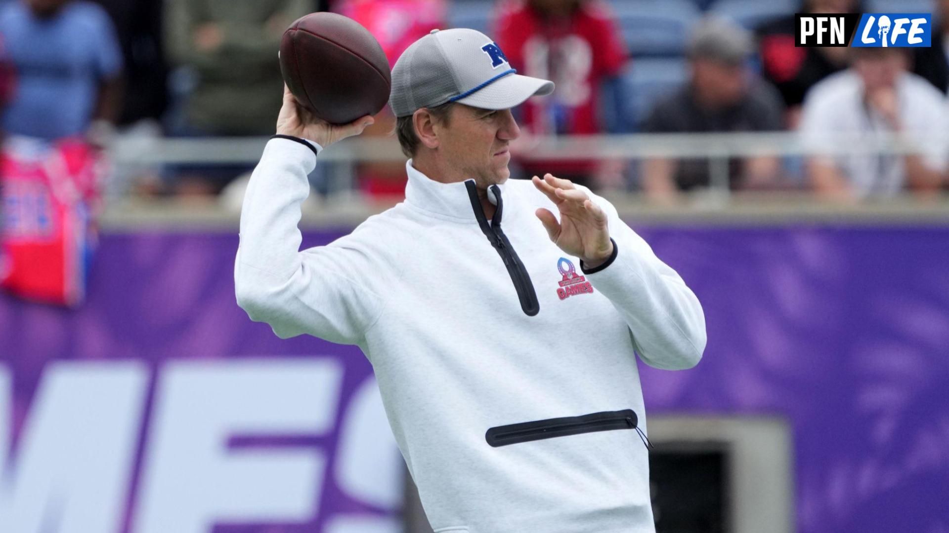 NFC coach Eli Manning throws the ball during Pro Bowl Games practice at Camping World Stadium.