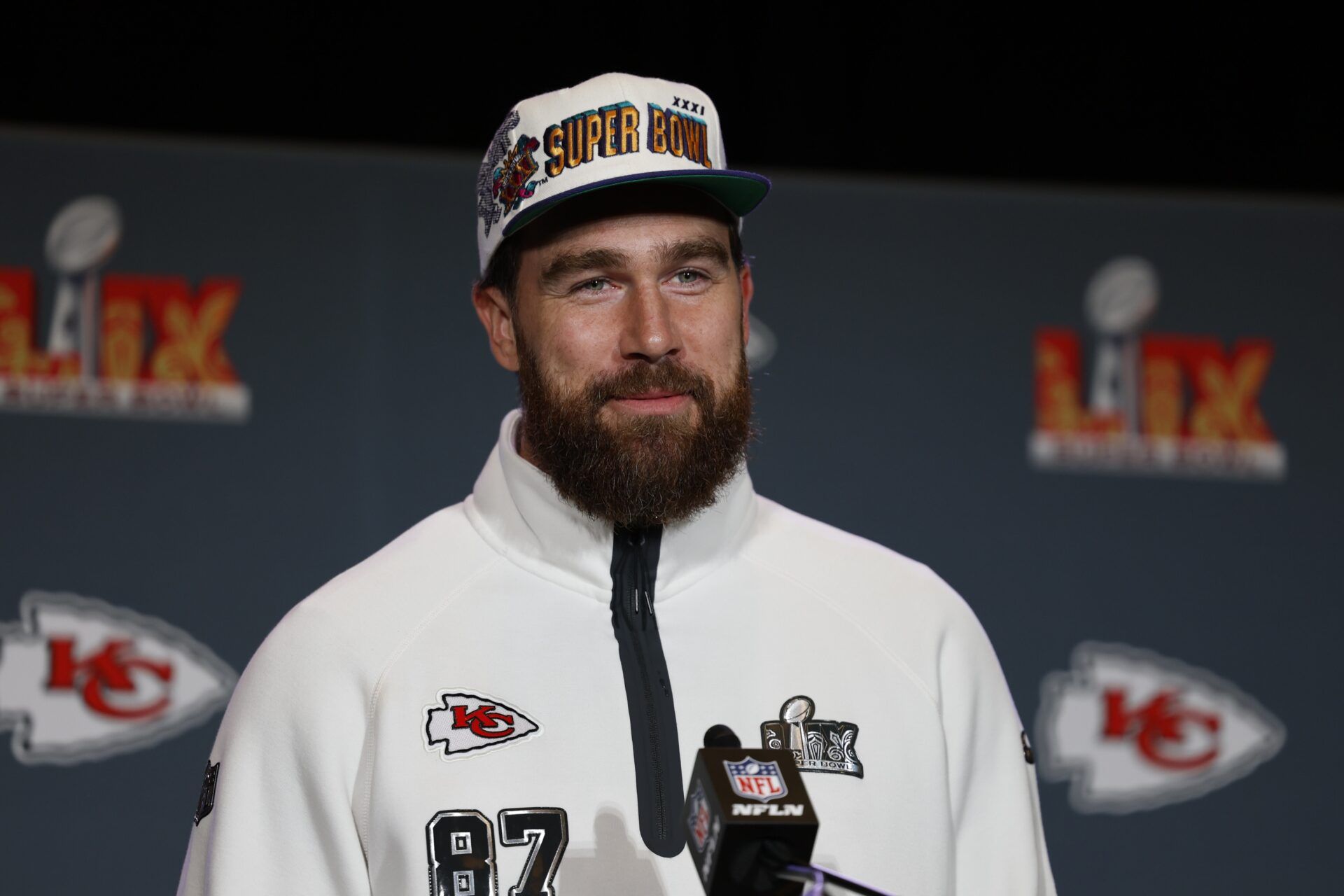 Kansas City Chiefs tight end Travis Kelce (87) during a press conference in advance of Super Bowl LIX at New Orleans Marriott.