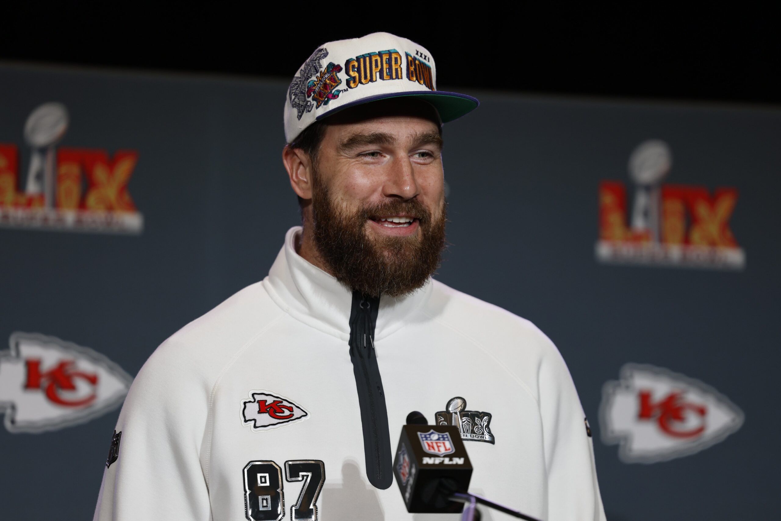 Kansas City Chiefs tight end Travis Kelce (87) during a press conference in advance of Super Bowl LIX at New Orleans Marriott.