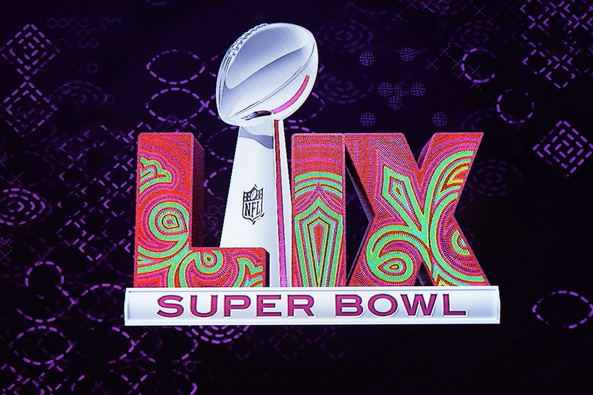 The Super Bowl LIX logo at the Super Bowl Host Committee Handoff press conference at the Super Bowl LVIII media center at the Mandalay Bay North Convention Center.