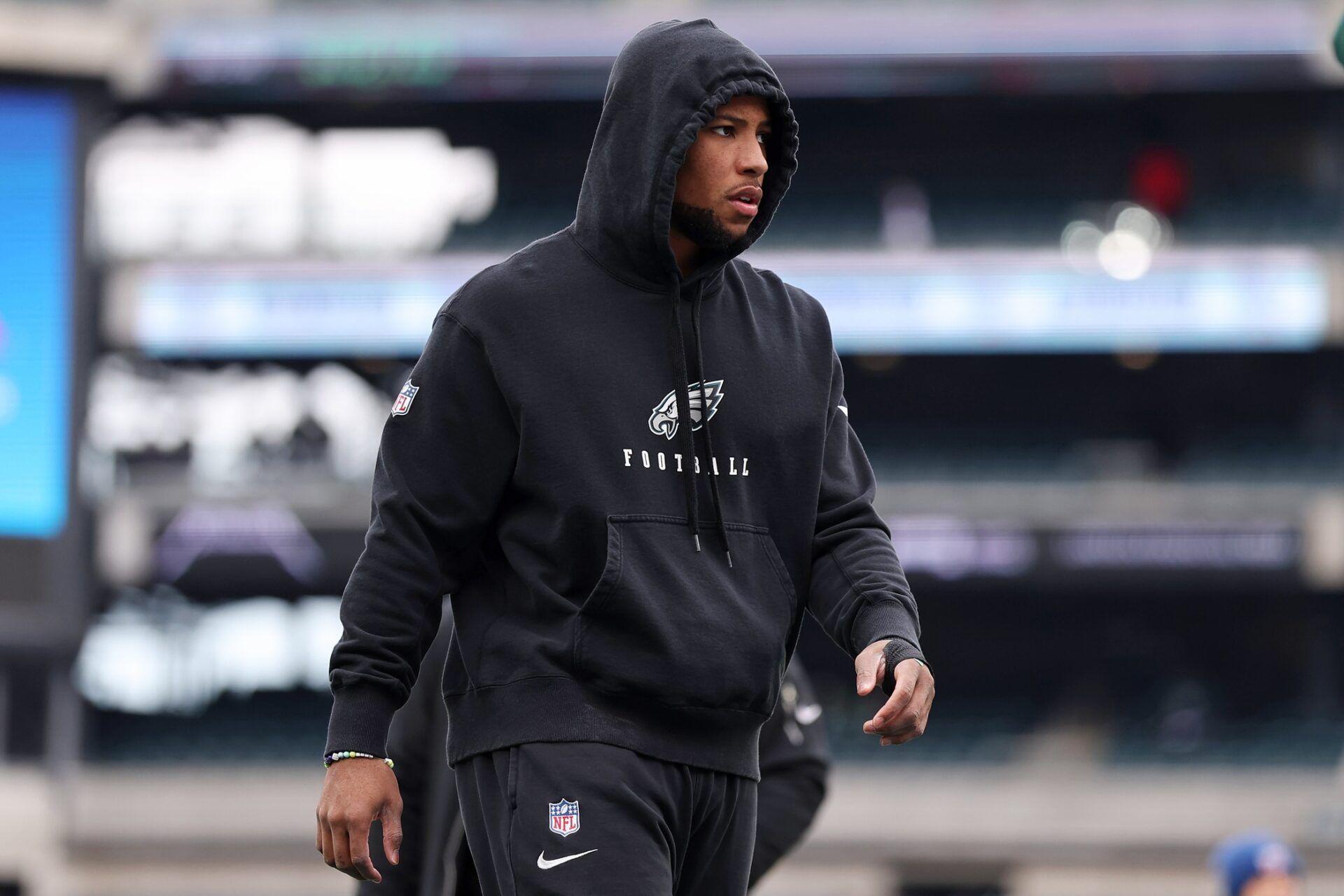 Philadelphia Eagles running back Saquon Barkley (26) warms up before the NFC Championship game at Lincoln Financial Field.