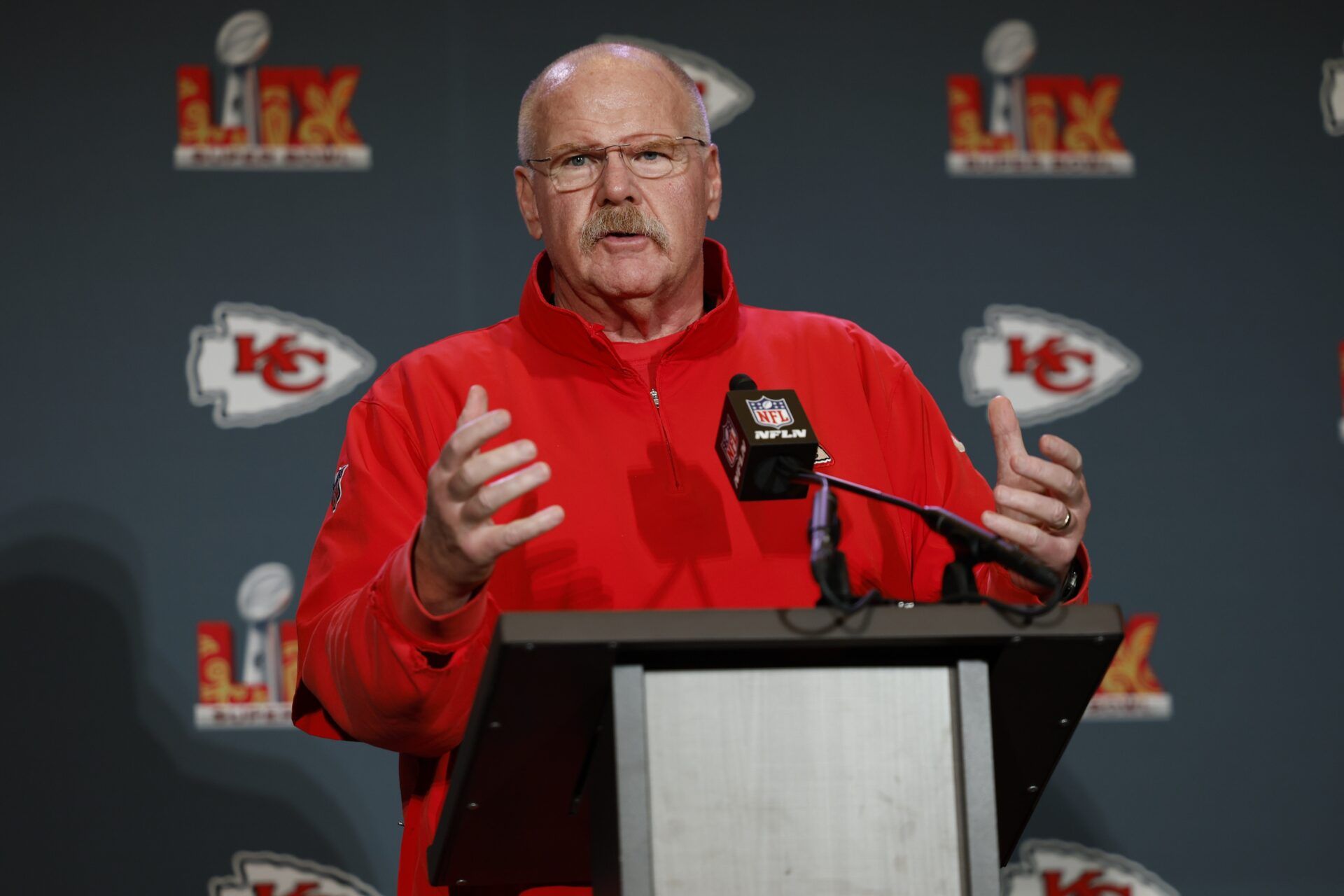 Kansas City Chiefs head coach Andy Reid during a press conference in advance of Super Bowl LIX at New Orleans Marriott.