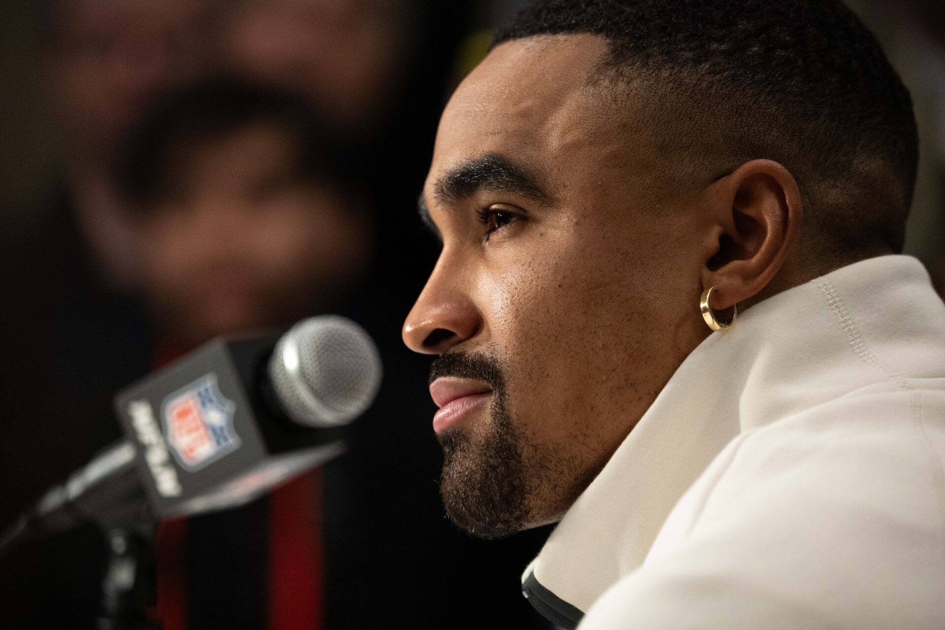 Feb 4, 2025; New Orleans, LA, USA; Philadelphia Eagles quarterback Jalen Hurts speaks with the media during a press conference at Hilton New Orleans Riverside. Mandatory Credit: Bill Streicher-Imagn Images