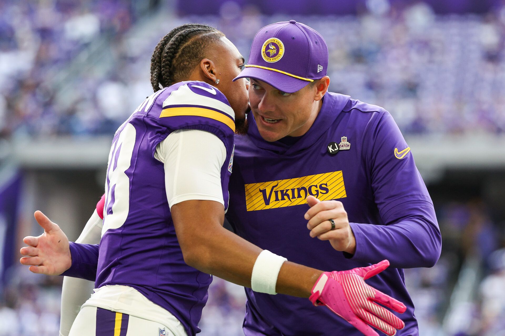 Oct 20, 2024; Minneapolis, Minnesota, USA; Minnesota Vikings wide receiver Justin Jefferson (18) hugs head coach Kevin O'Connell before the game against the Detroit Lions at U.S. Bank Stadium. Mandatory Credit: Matt Krohn-Imagn Images