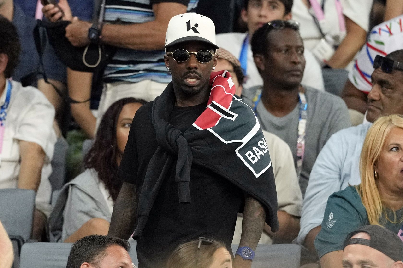 Sports agent Rich Paul looks on in the second half of the men’s basketball quarterfinal game between the United States and Brazil during the Paris 2024 Olympic Summer Games at Accor Arena.