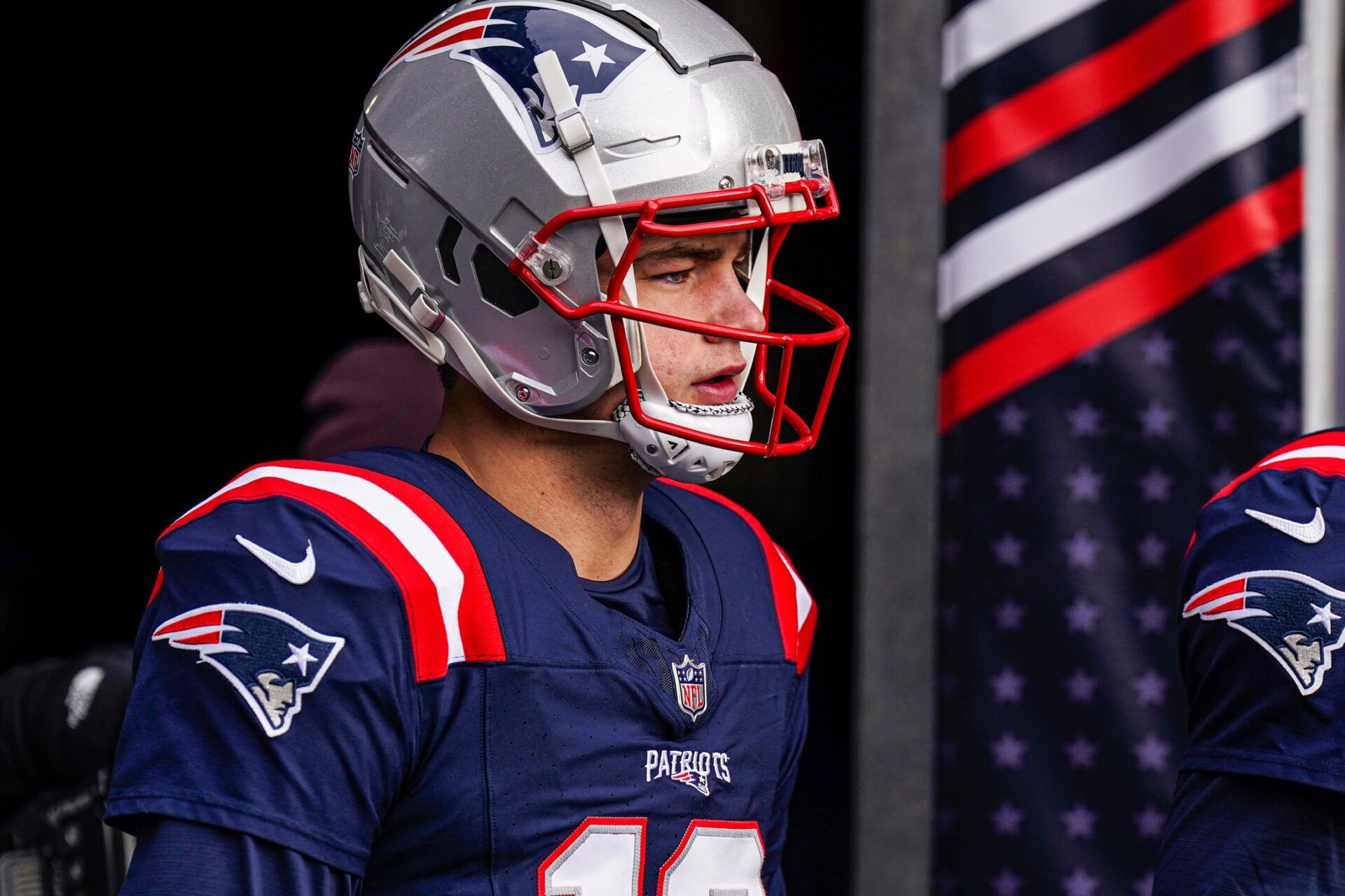 New England Patriots quarterback Drake Maye (10) walks to the field to warm up before the start of the game against the Buffalo Bills at Gillette Stadium.