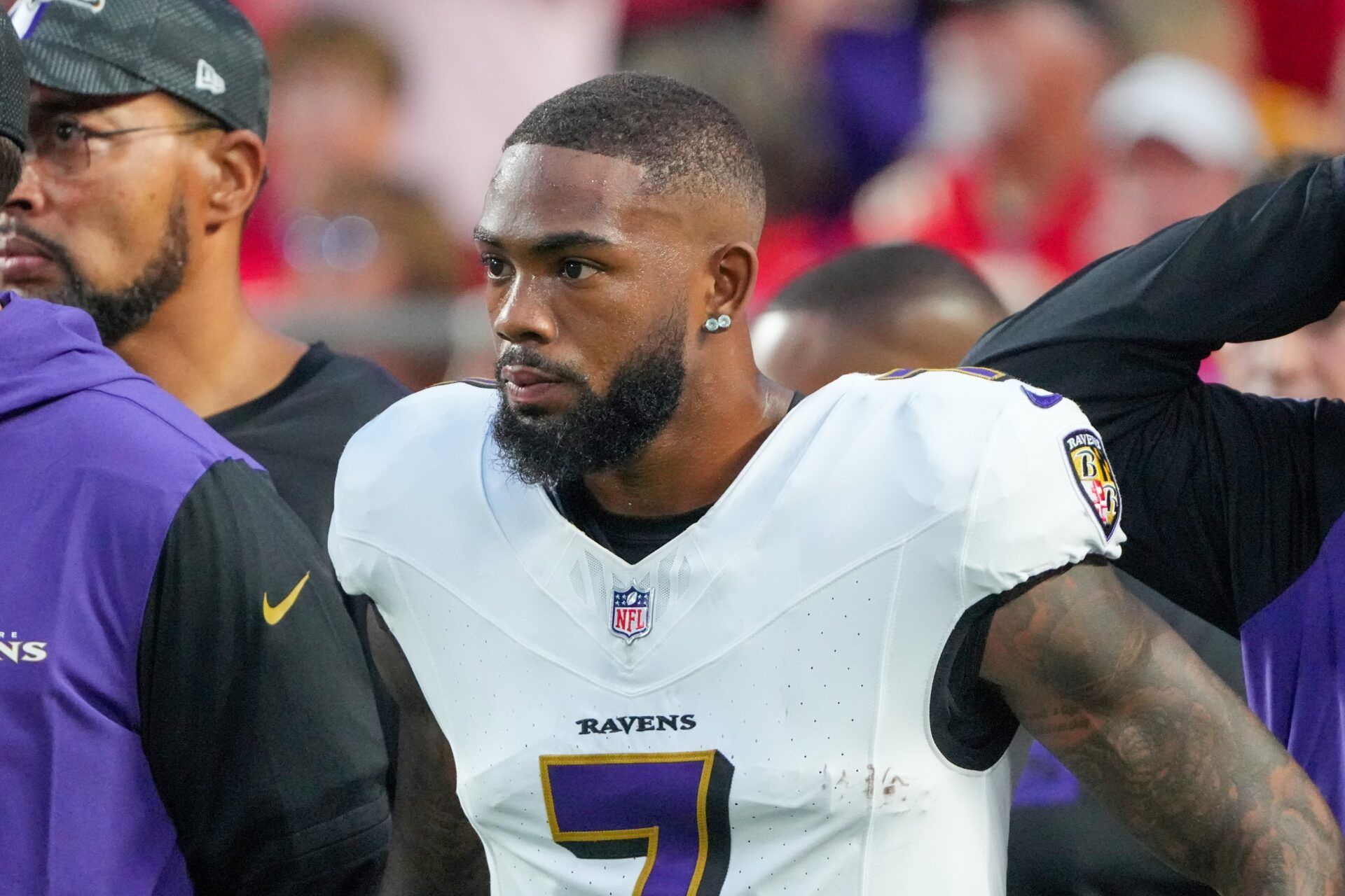 Baltimore Ravens wide receiver Rashod Bateman (7) on field prior to a game against the Kansas City Chiefs at GEHA Field at Arrowhead Stadium.