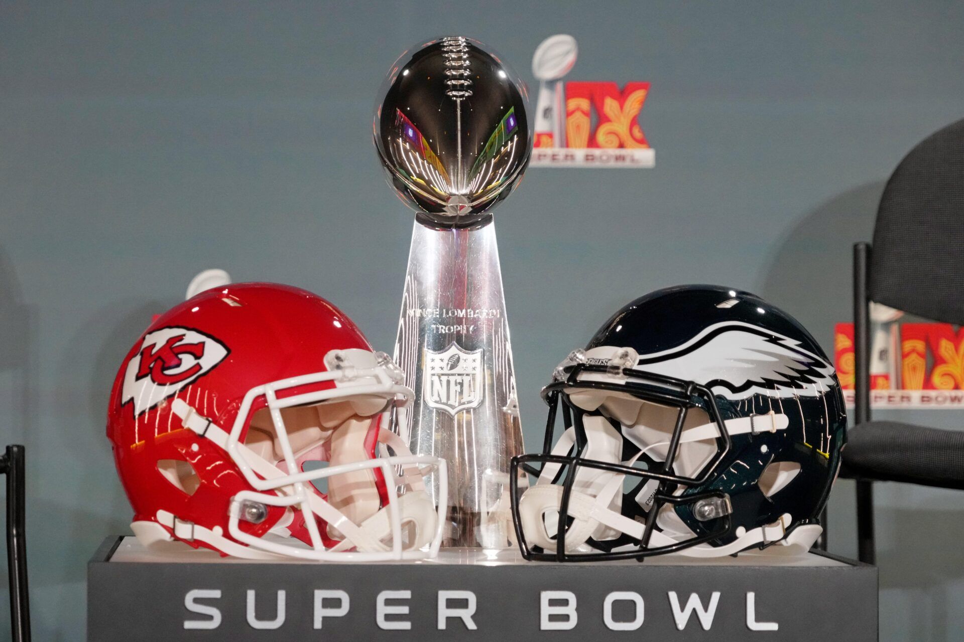 A detail view of the Vince Lombardi Trophy before a press conference ahead of Super Bowl LIX at New Orleans Saints Locker Room.