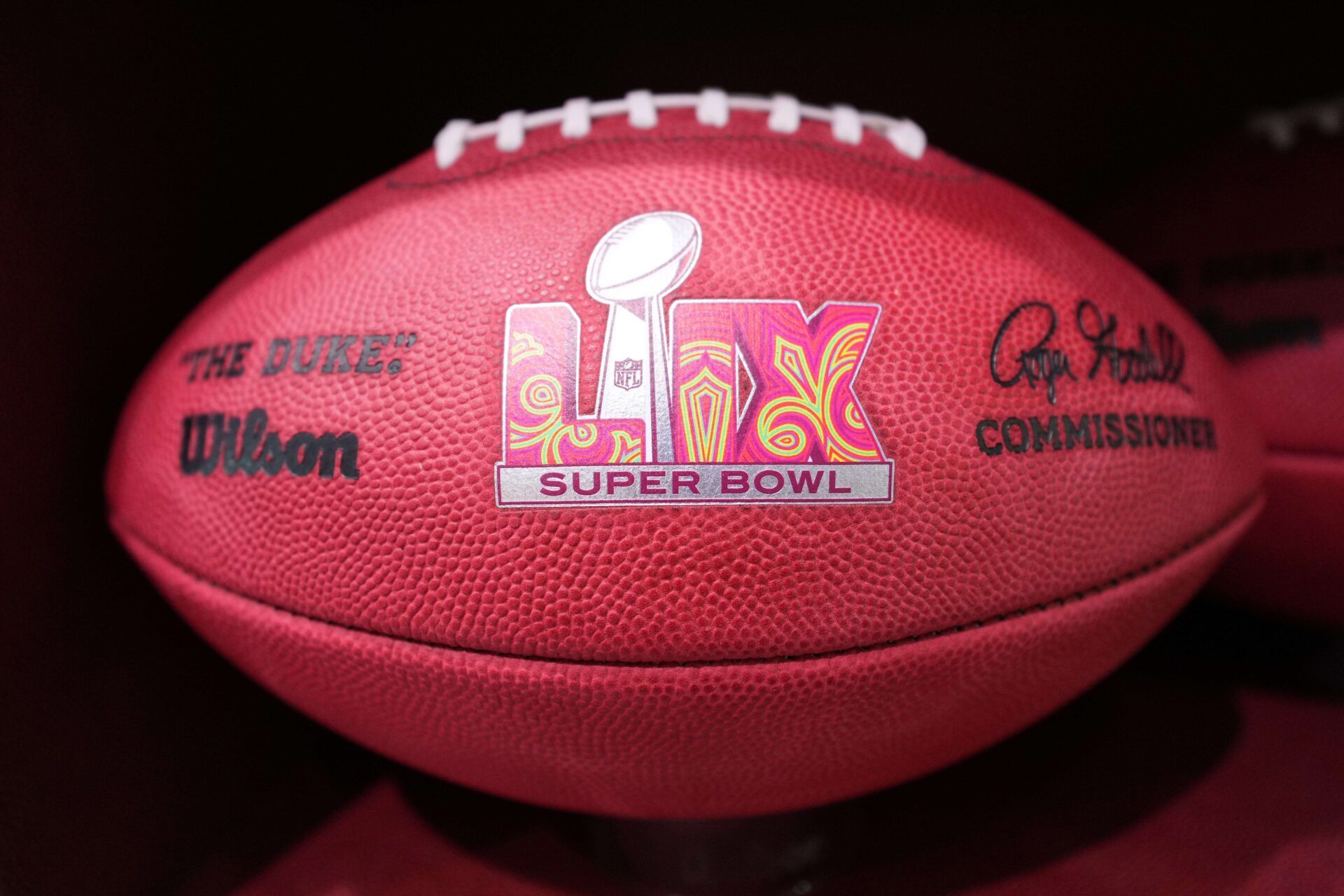 A NFL Super Bowl 59 Wilson Duke football at the Super Bowl LIX Experience at the Ernest N. Morial Convention Center.