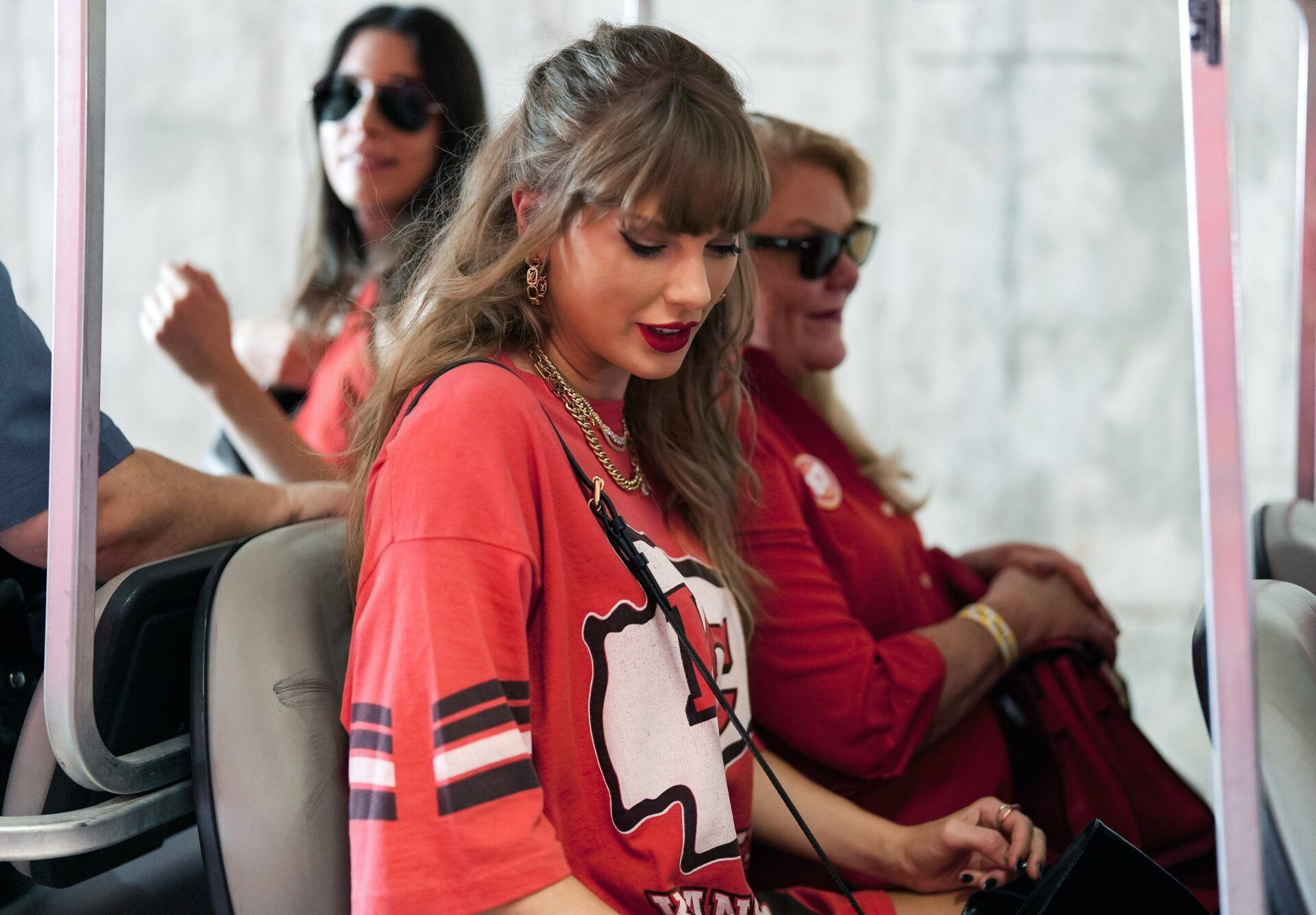 Recording artist Taylor Swift arrives prior to a game between the Cincinnati Bengals and the Kansas City Chiefs at GEHA Field at Arrowhead Stadium.