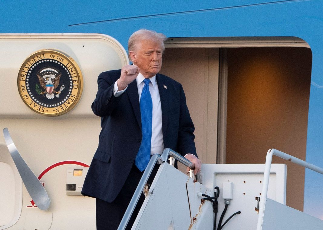 President Donald Trump arrives on Air Force One to Palm Beach International Airport in West Palm Beach, Florida on February 7, 2025. Trump is staying at his Mar-a-Lago home in Palm Beach before traveling to New Orleans on Sunday for the Super Bowl.