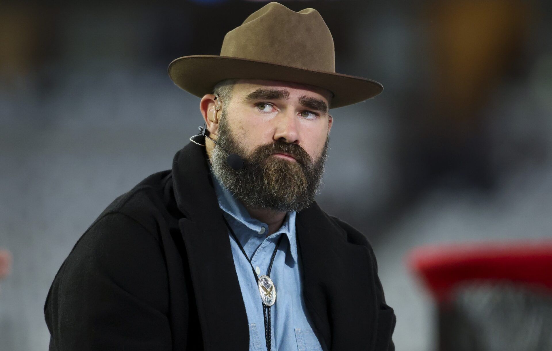 ESPN personality and former Philadelphia Eagles center Jason Kelce on set before the game between the Dallas Cowboys and Houston Texans at AT&T Stadium.