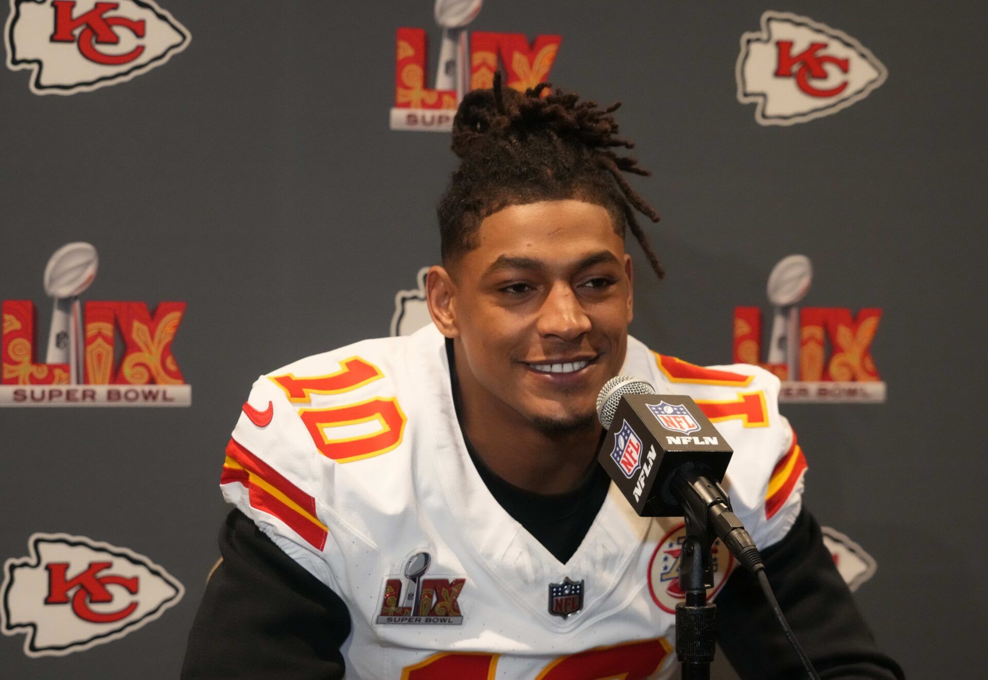 Kansas City Chiefs running back Isiah Pacheco (10) in a press conference ahead of Super Bowl LIX at New Orleans Marriott.