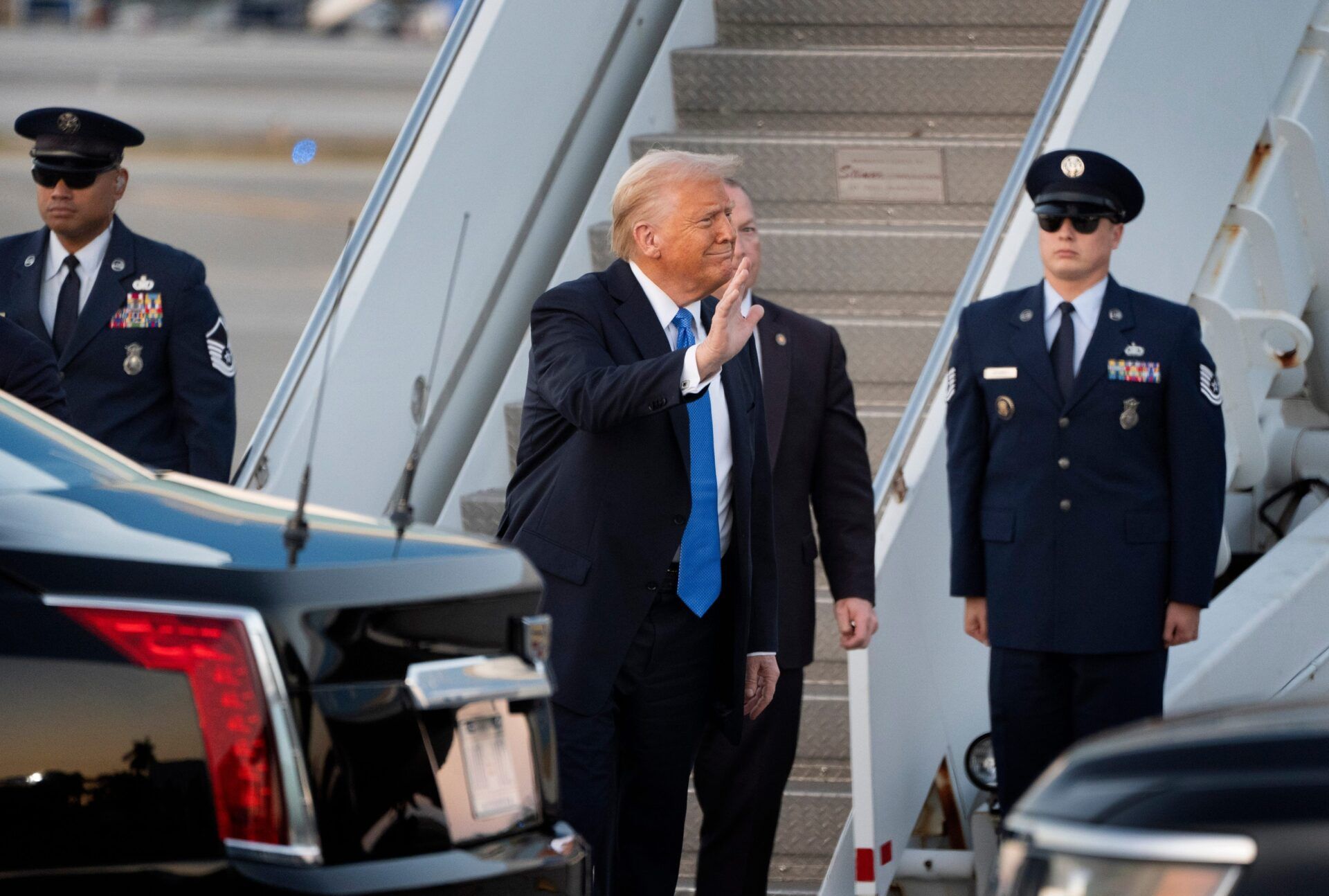 President Donald Trump arrives at Palm Beach International Airport in West Palm Beach, Florida on February 7, 2025. Trump is staying at his Mar-a-Lago home in Palm Beach before traveling to New Orleans on Sunday for the Super Bowl.