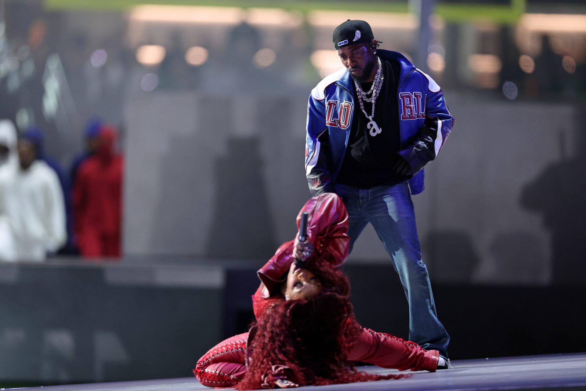 Recording artist SZA and recording artist Kendrick Lamar perform during halftime Super Bowl LIX at Caesars Superdome.