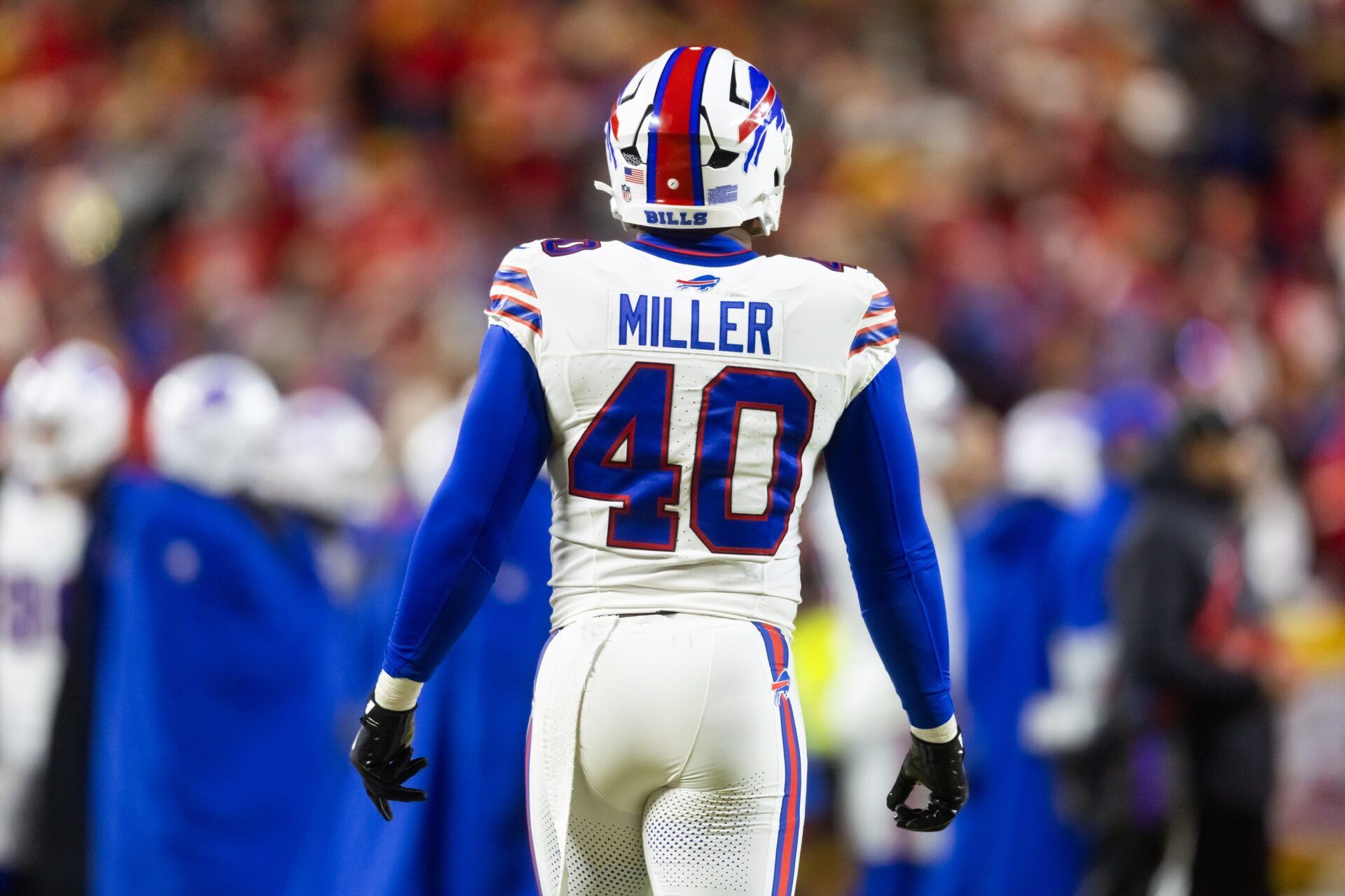 Detailed view of the jersey of Buffalo Bills linebacker Von Miller (40) against the Kansas City Chiefs during the AFC Championship game at GEHA Field at Arrowhead Stadium.