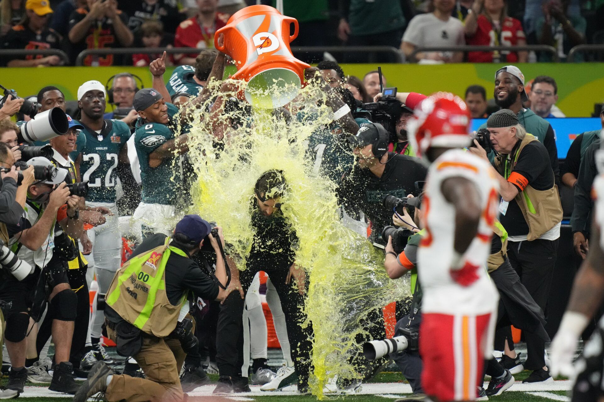 Philadelphia Eagles head coach Nick Sirianni is dunked with gatorade during the second half of Super Bowl LIX at Caesars Superdome.