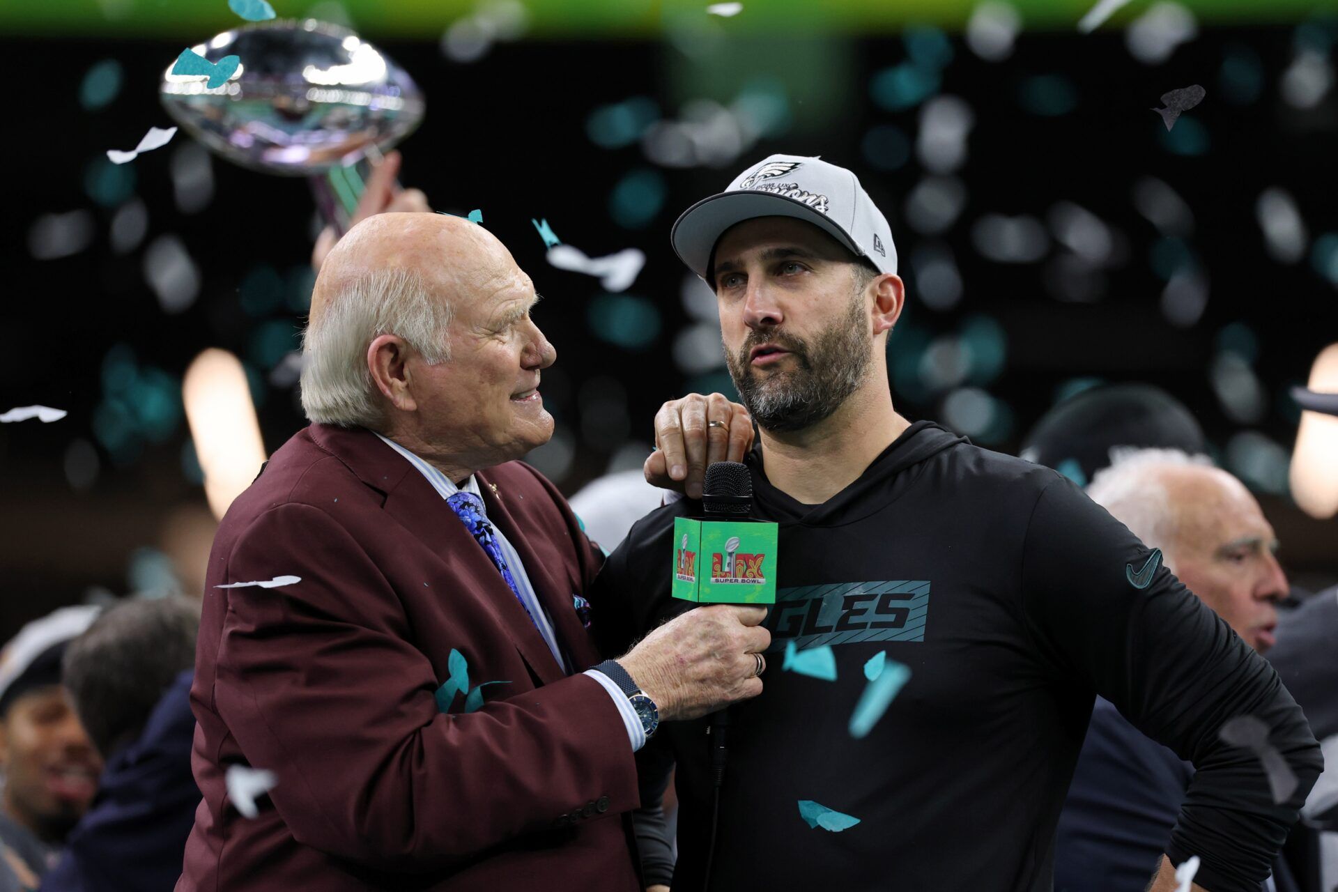 Fox NFL Sunday co-host Terry Bradshaw interviews Philadelphia Eagles head coach Nick Sirianni after winning against Kansas City Chiefs in Super Bowl LIX at Caesars Superdome.