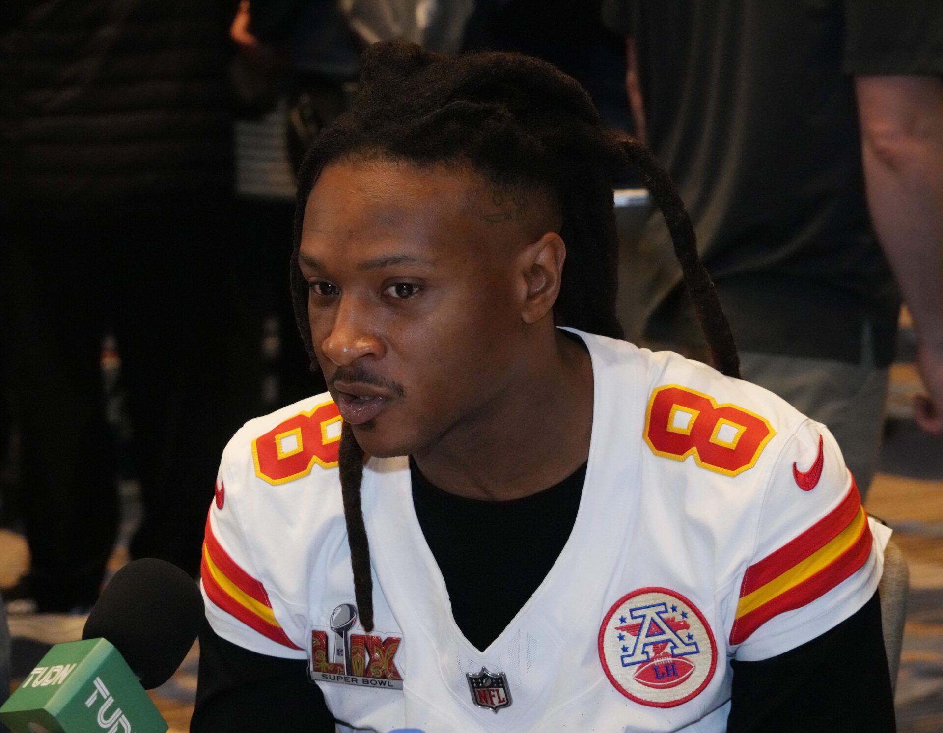 Kansas City Chiefs wide receiver DeAndre Hopkins (8) in a press conference ahead of Super Bowl LIX at New Orleans Marriott.