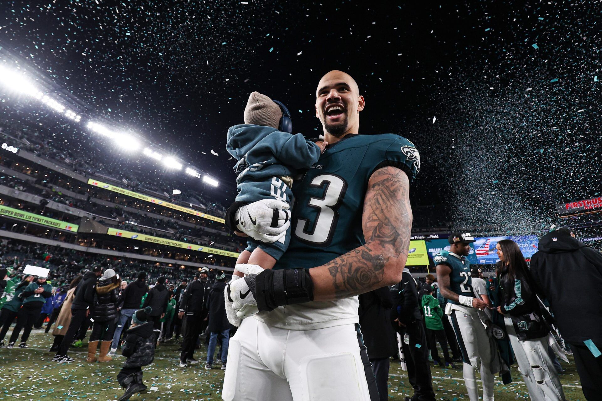 Philadelphia Eagles linebacker Zack Baun (53) celebrates after a victory in the NFC Championship game against the Washington Commanders at Lincoln Financial Field.