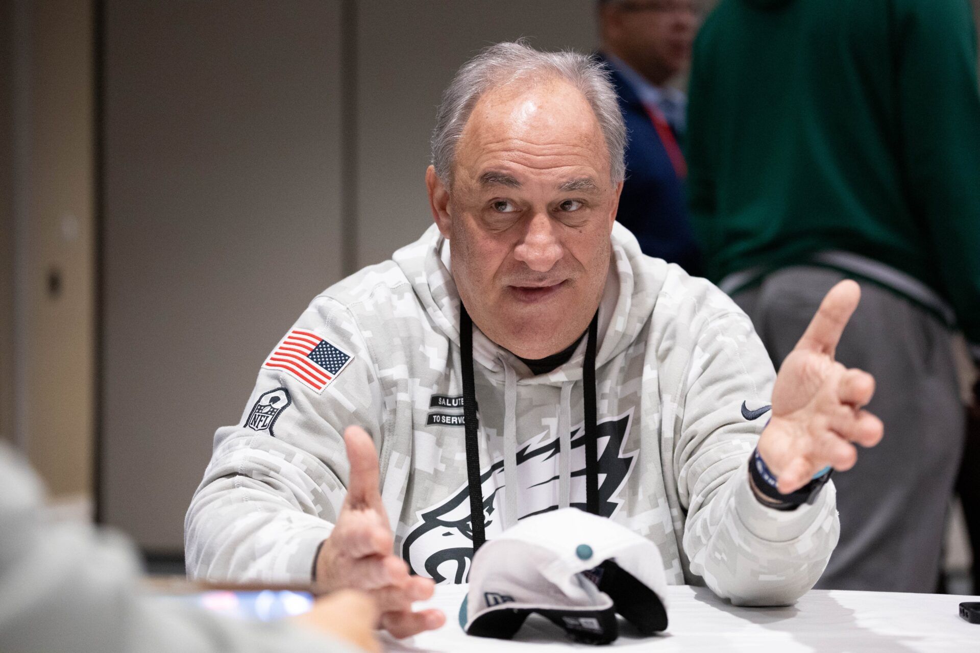 Philadelphia Eagles defensive coordinator Vic Fangio speaks with the media during a press conference at Hilton New Orleans Riverside.