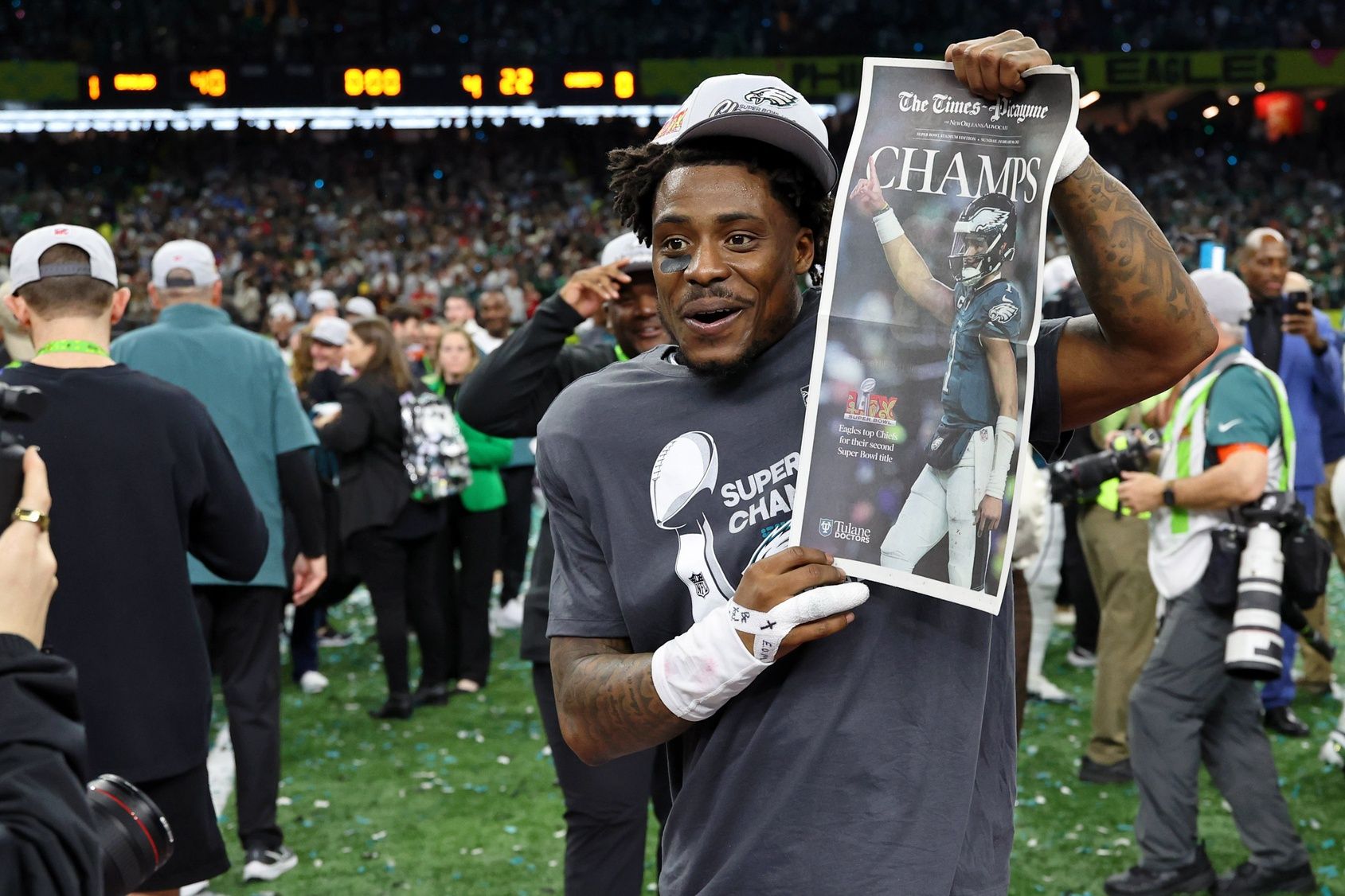 Philadelphia Eagles safety C.J. Gardner-Johnson (8) celebrates after winning Super Bowl LIX at Caesars Superdome.