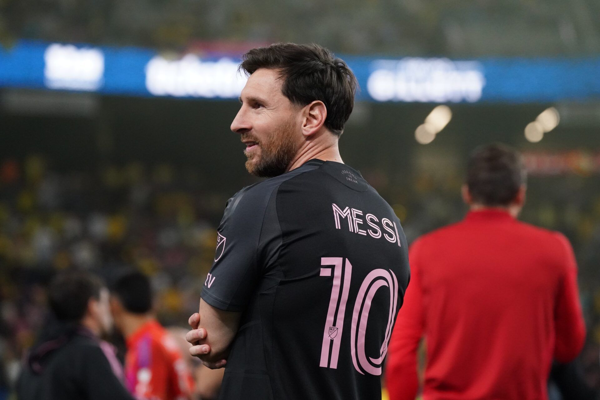 Inter Miami CF forward Lionel Messi (10) looks into the stands at the end of regulation against Club America at Allegiant Stadium.