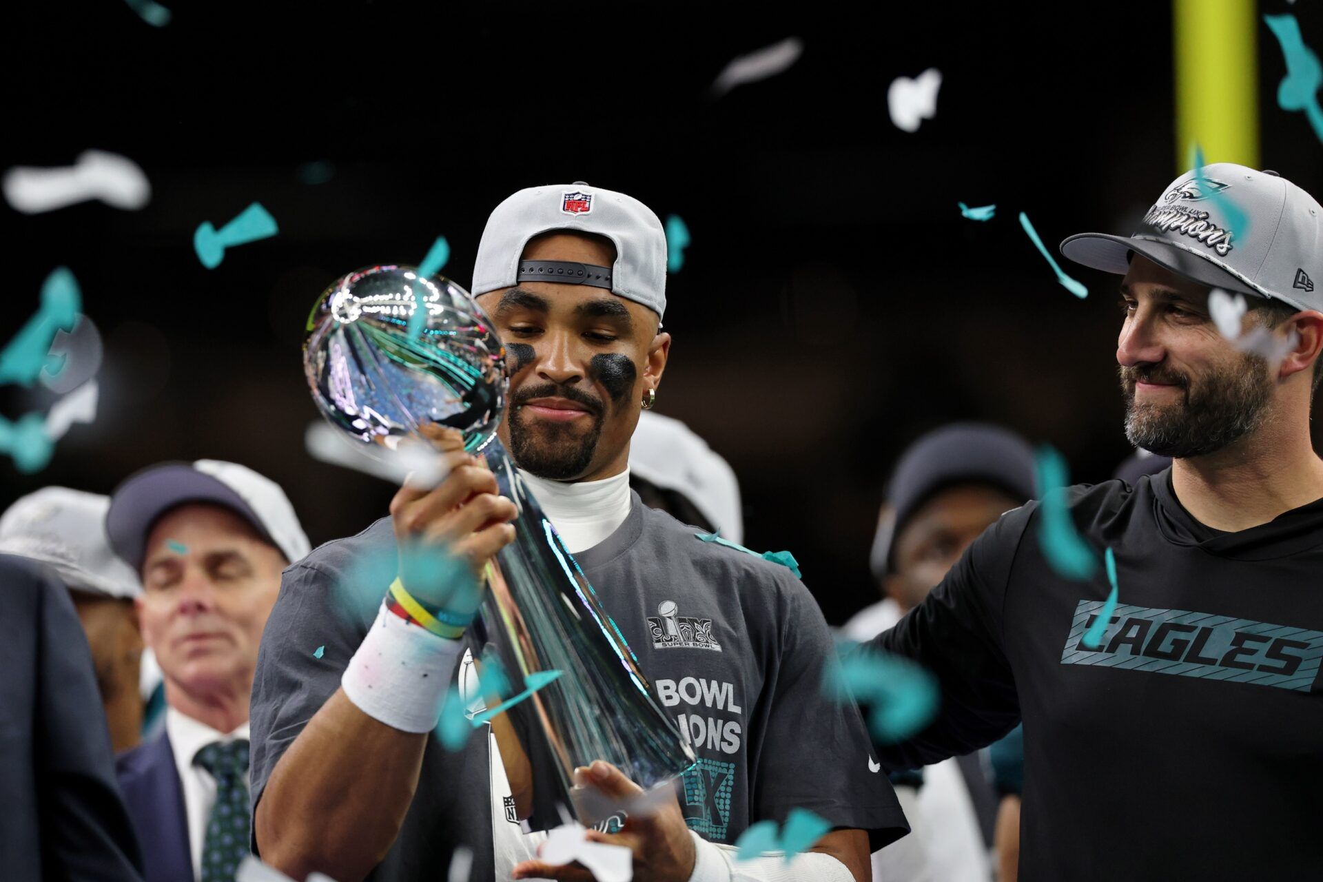 Philadelphia Eagles quarterback Jalen Hurts (1) celebrates with head coach Nick Sirianni after winning against Kansas City Chiefs in Super Bowl LIX at Caesars Superdome.