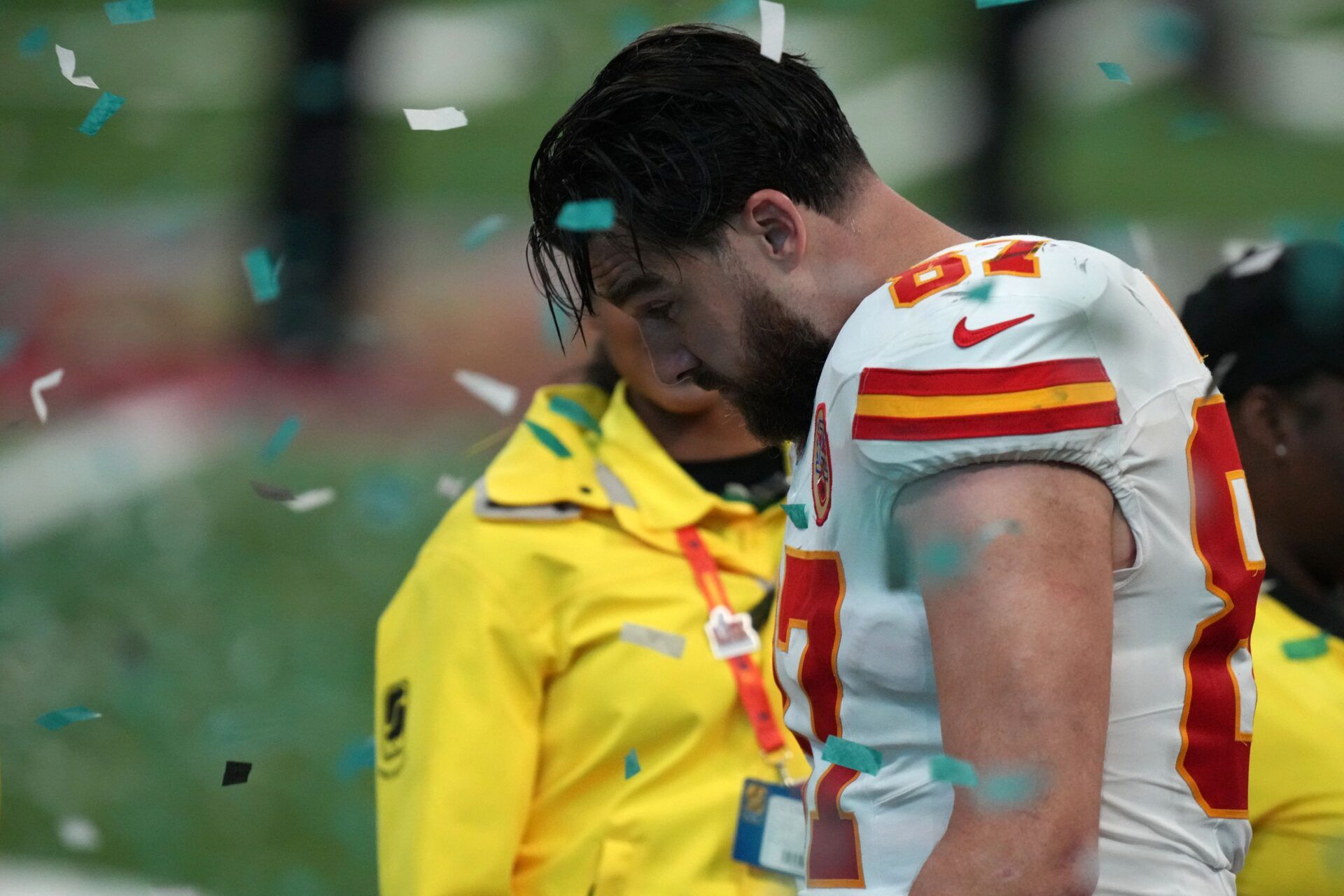 Kansas City Chiefs tight end Travis Kelce (87) reacts after the losing to the Philadelphia Eagles in Super Bowl LIX at Caesars Superdome.