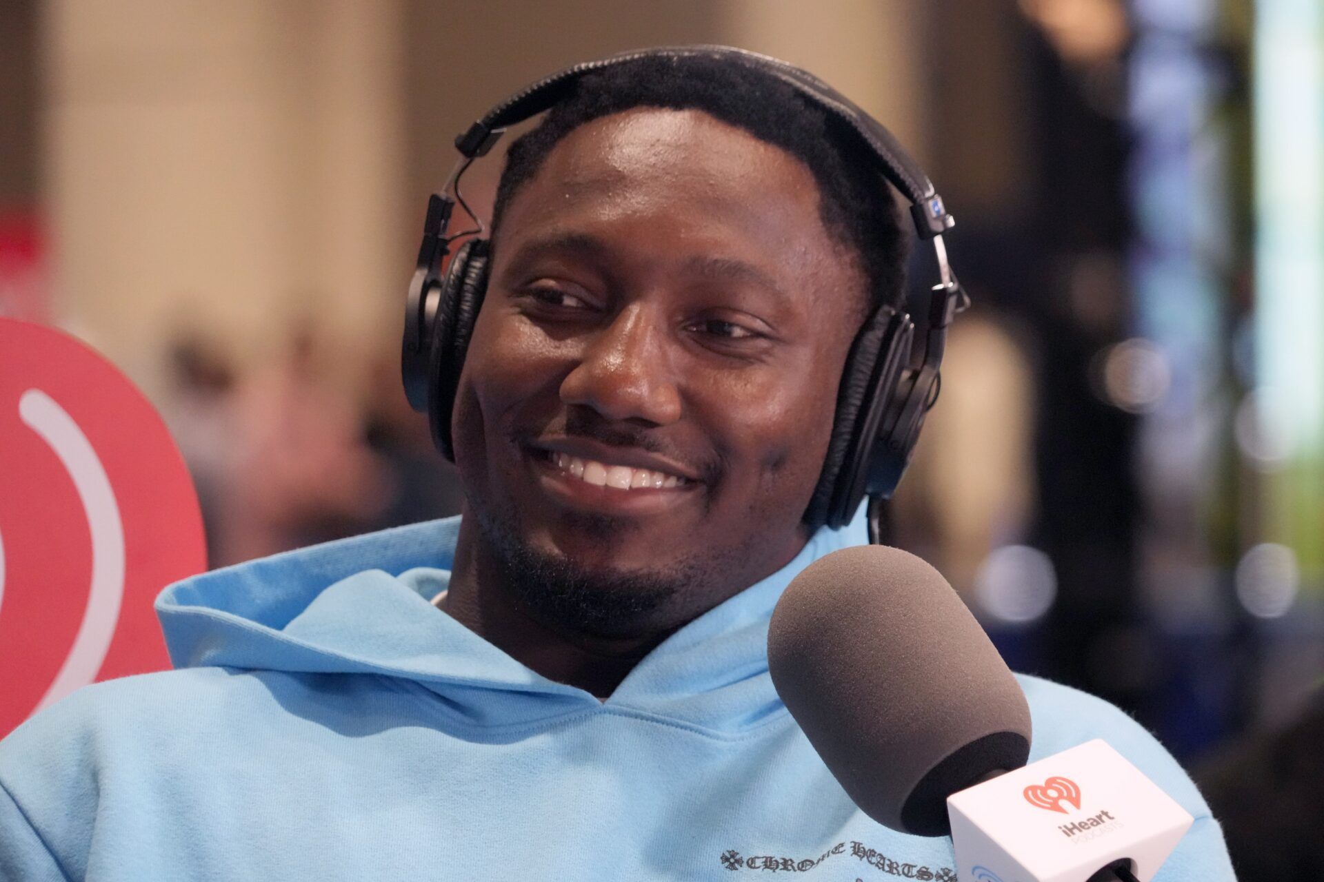 San Francisco 49ers receiver Deebo Samuel on Radio Row at the Super Bowl LIX media center.